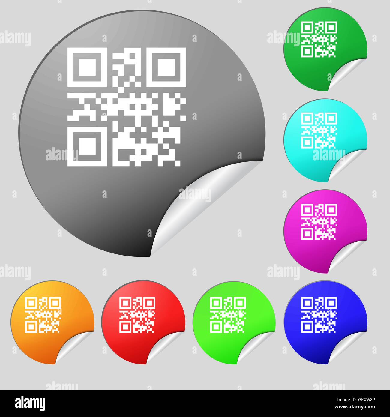 Qr code icon sign. Set of eight multi colored round buttons, stickers ...