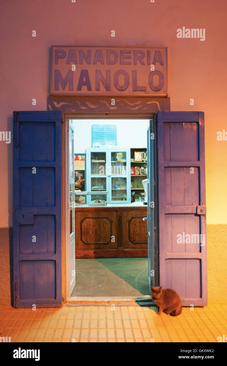 Formentera: the door of Panaderia Manolo, a bakery opened in 1925, one of the oldest shop of the island, in Sant Francesc Xavier Stock Photo