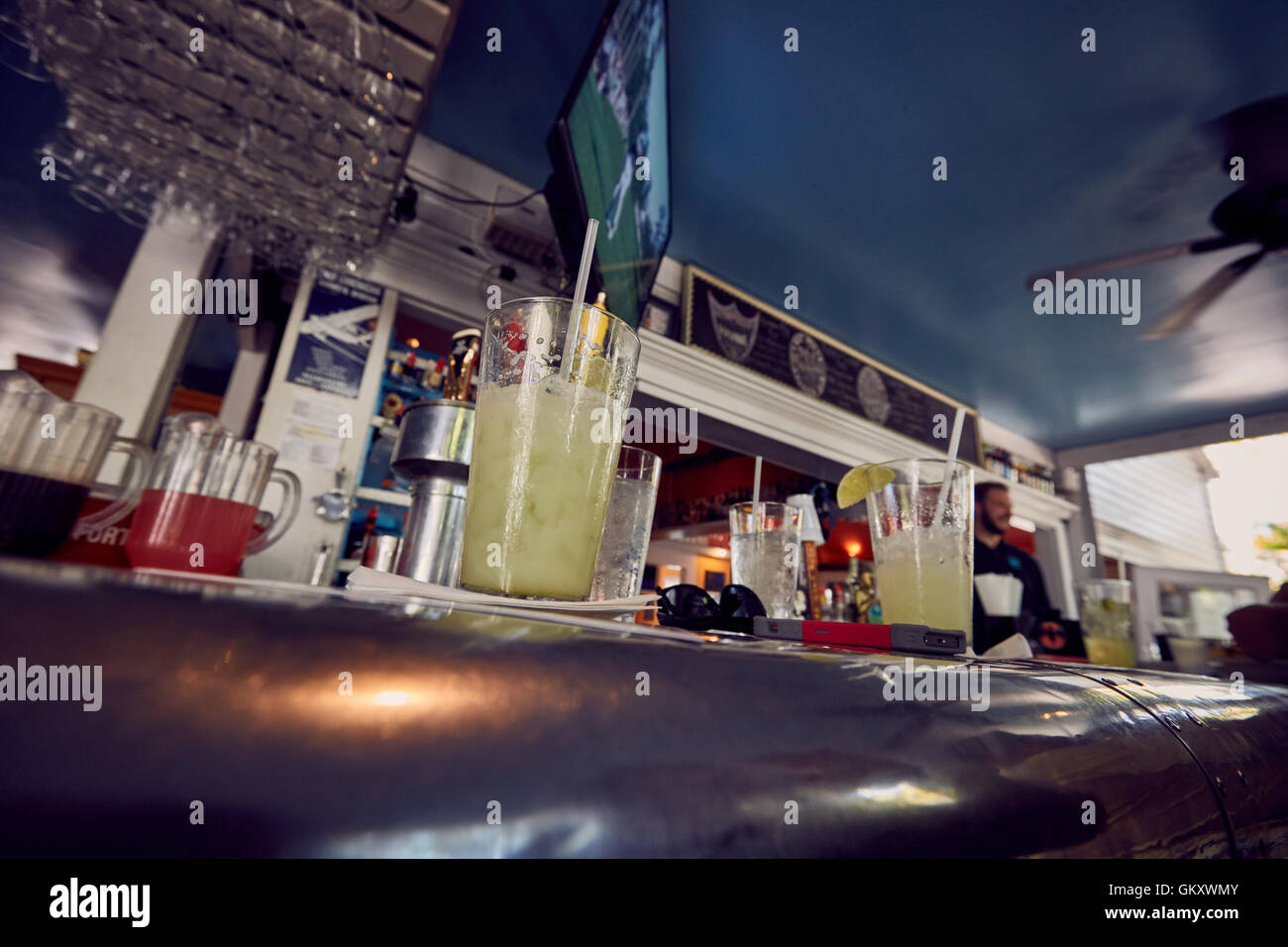 Key Lime Margaritas on the bar at Kelly's Caribbean Bar Grill and
