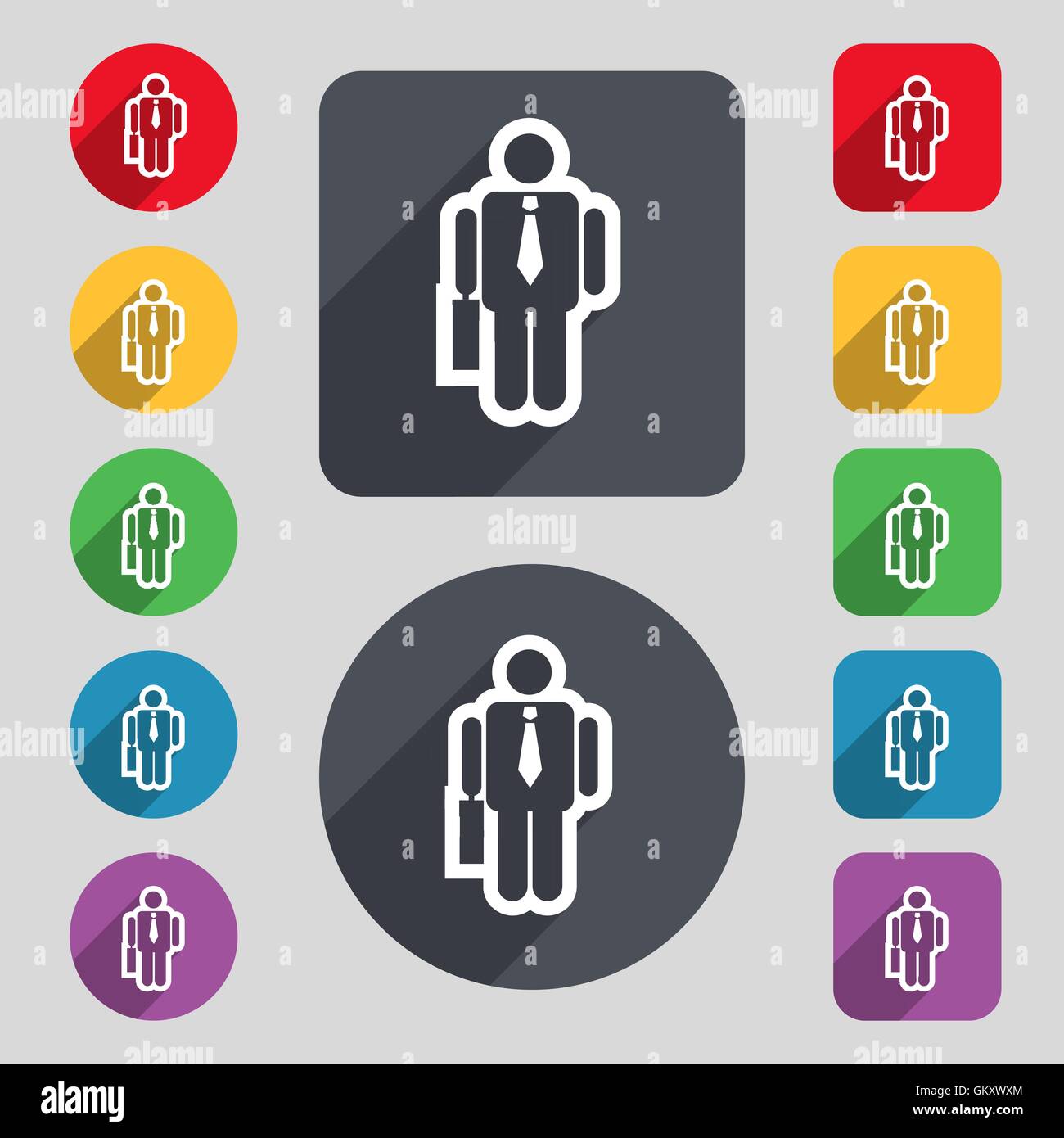 businessman icon sign. A set of 12 colored buttons and a long shadow ...