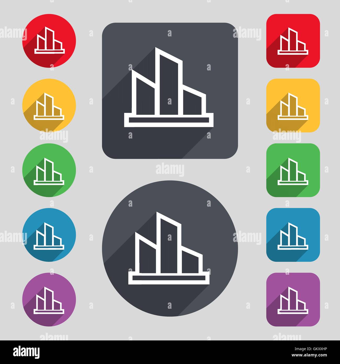 Diagram icon sign. A set of 12 colored buttons and a long shadow. Flat ...