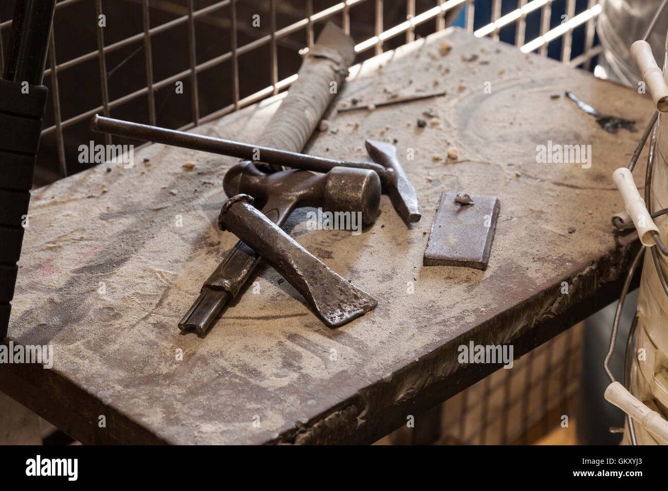 steel tools for manufacturing on a steel bench Stock Photo