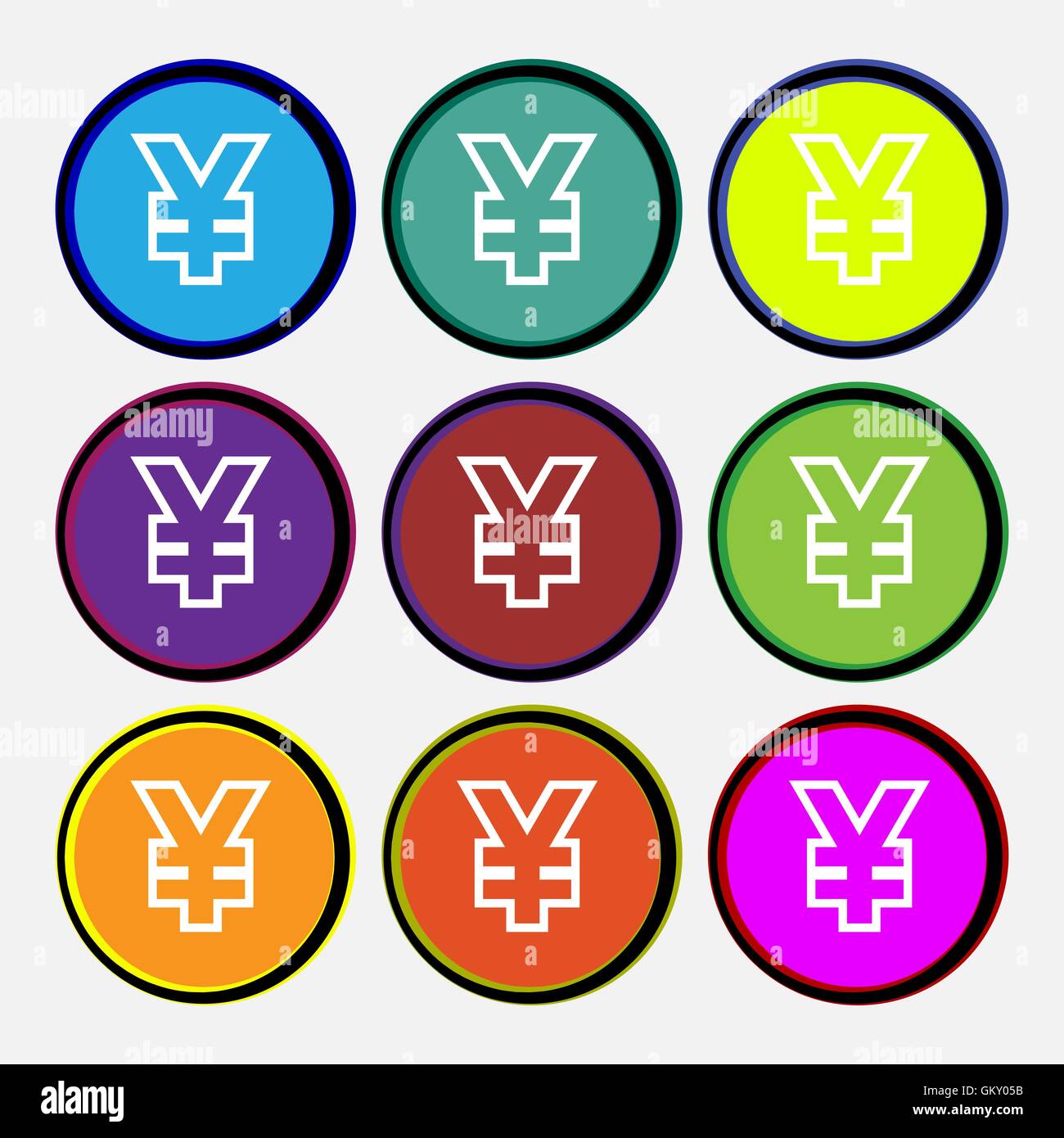 Yen JPY icon sign. Nine multi colored round buttons. Vector Stock Vector
