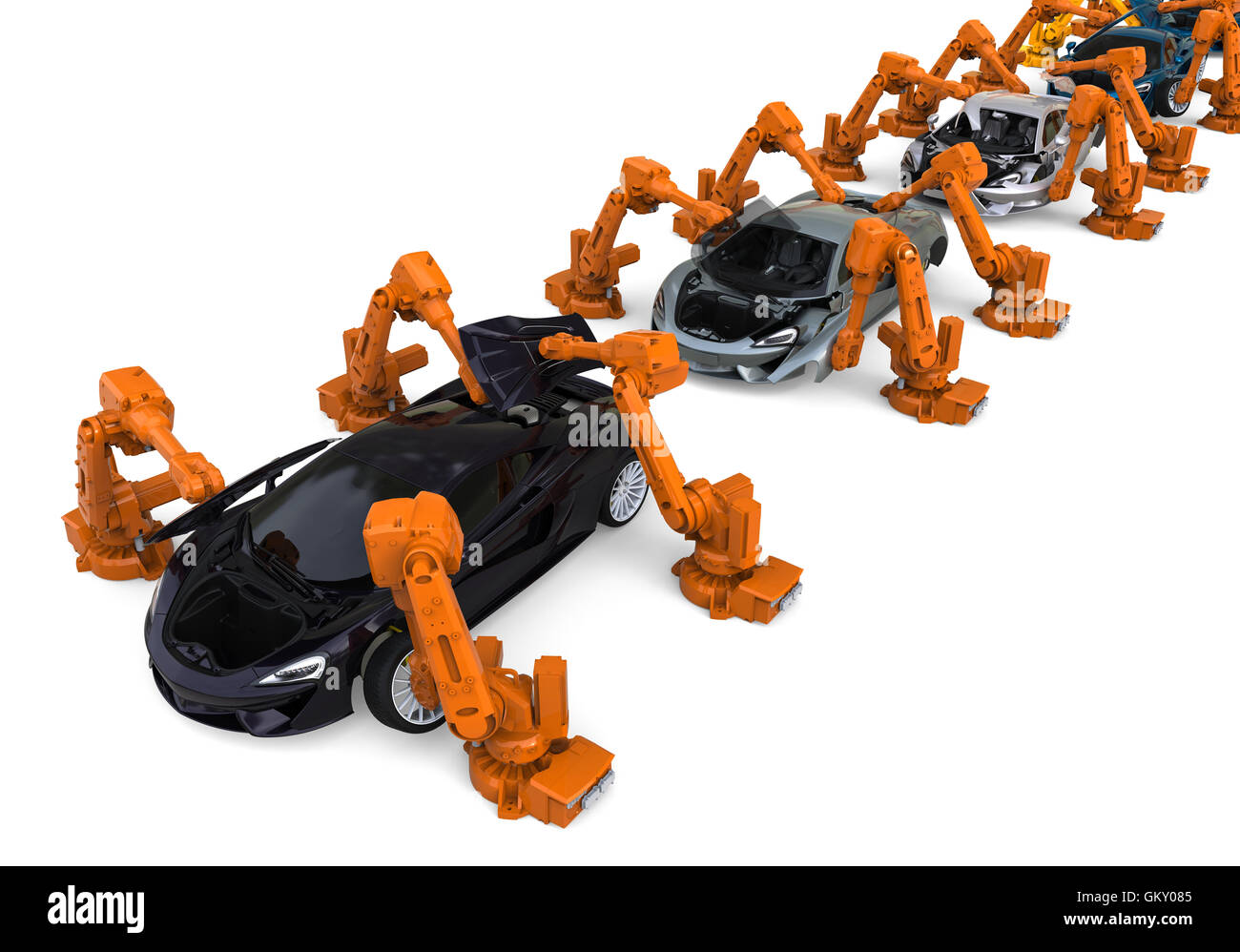 3D render image representing a line of super cars with automotive robots Stock Photo