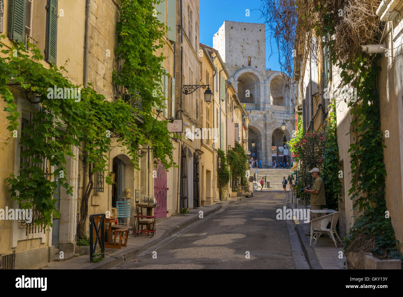 Street leading up to the colosseum at Arles in the South of France. Stock Photo