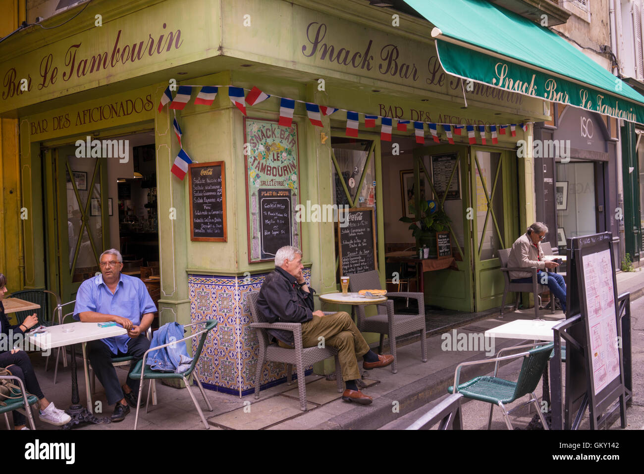 Bar Le Tambourin at Arles in the South of France. Stock Photo