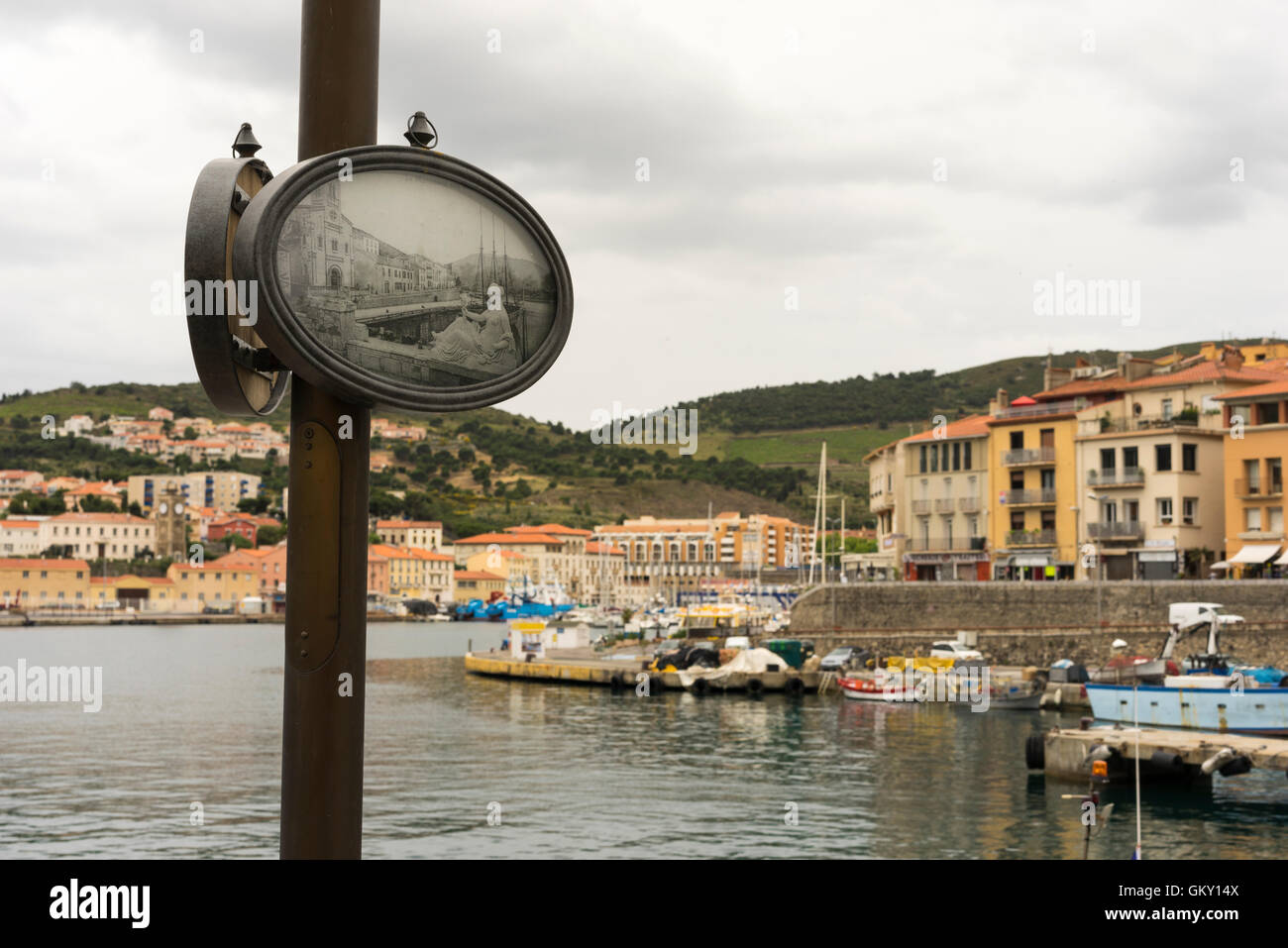 Port-Vendres in the Pyrenees-Orientales, France with old photograph os scene. Stock Photo