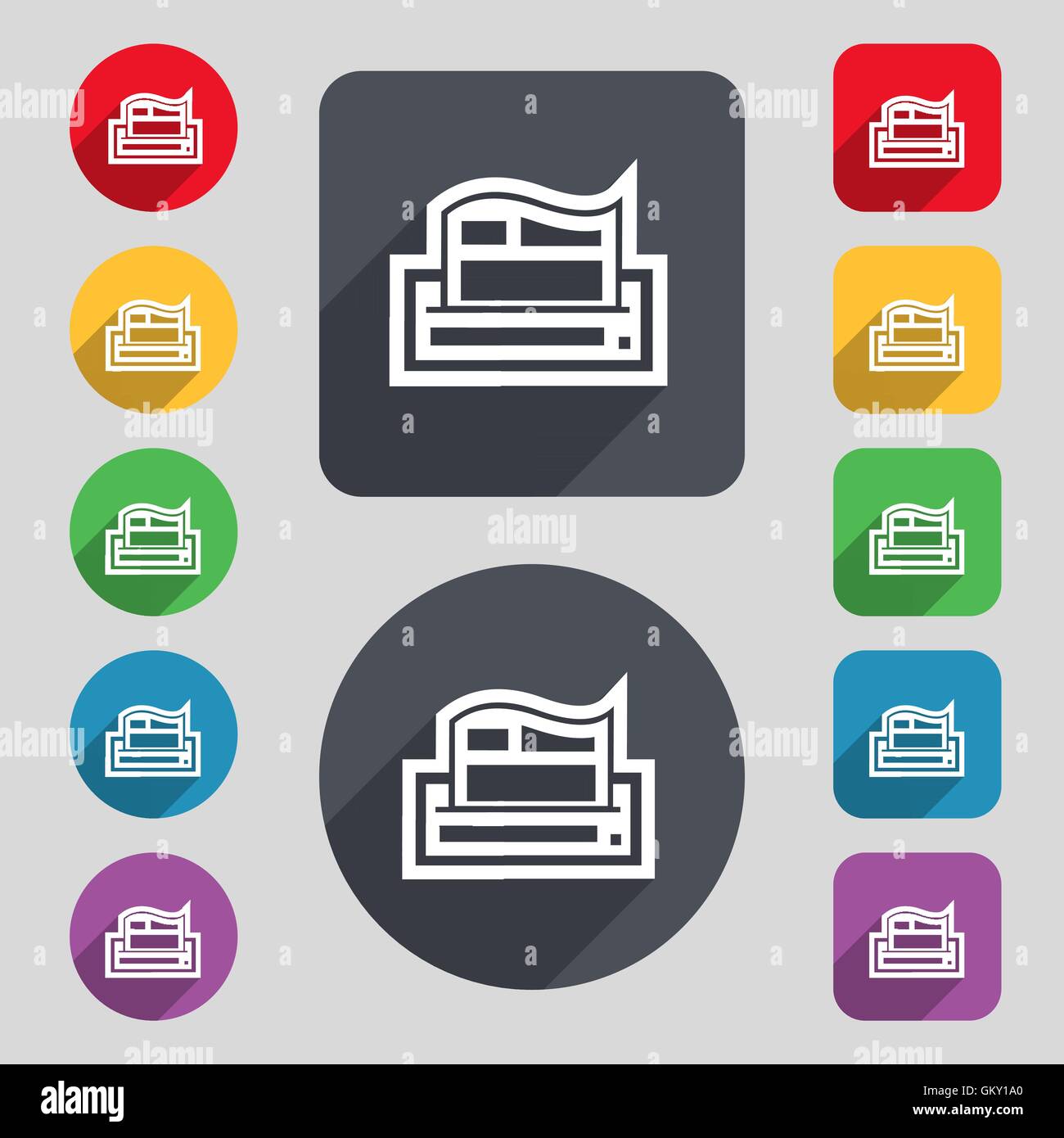 Newspaper icon sign. A set of 12 colored buttons and a long shadow ...