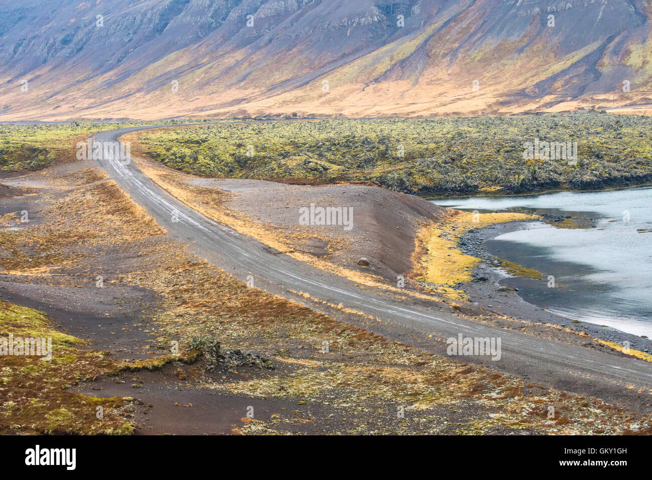 The Berserkjahraun lava field meets the Hraunsfjörður fjord on the Snaefellsnes peninsula in western Iceland. Stock Photo