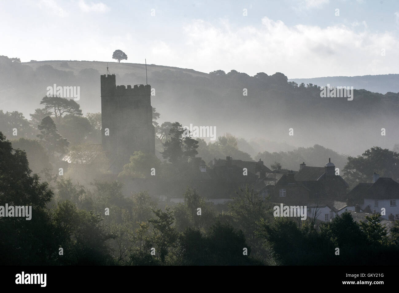 village of Dunsford in morning mist, Dartmoor national park,wood
