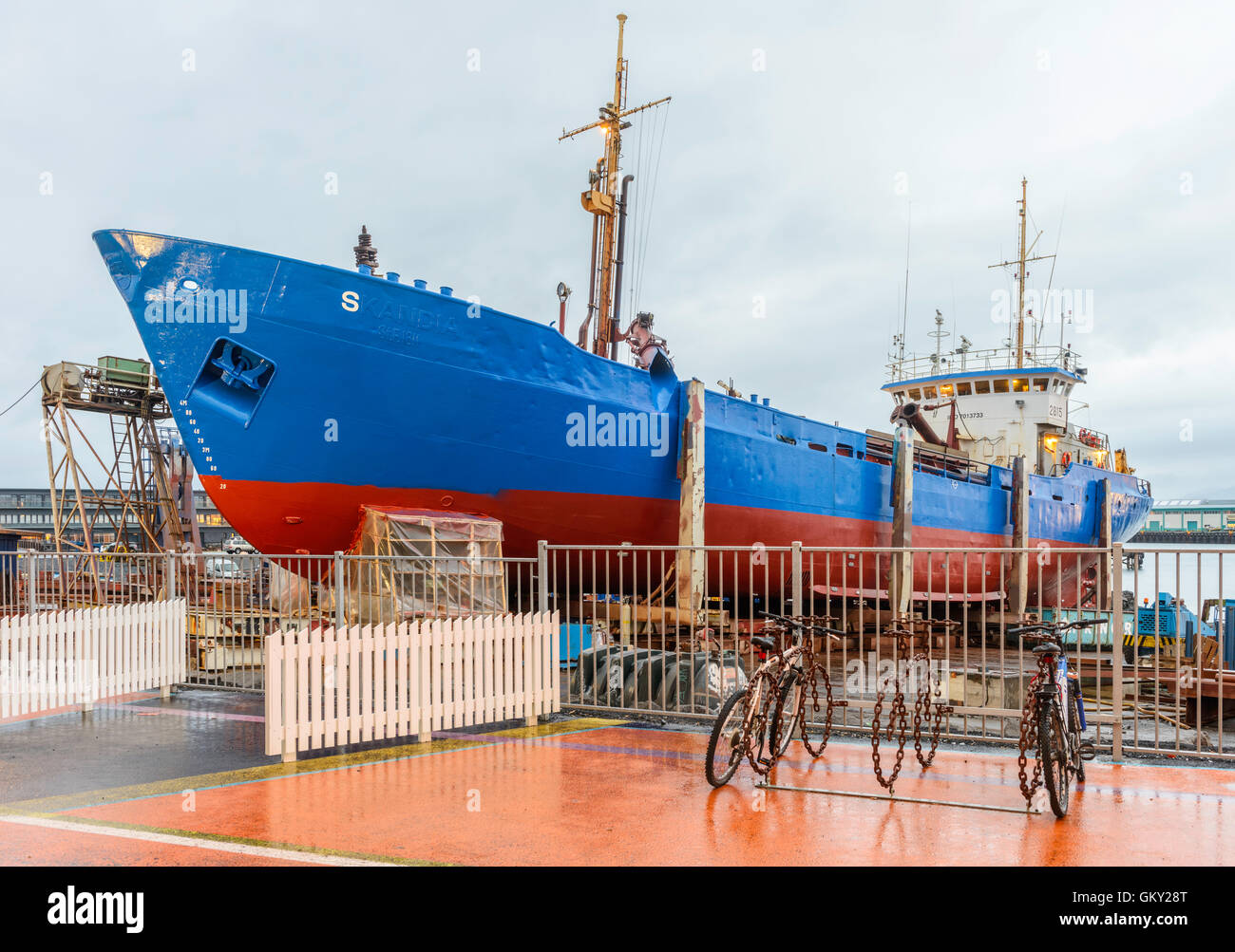 Icelandic dredger ship 'SKANDIA' RE 2815 (1969), renamed 'DISA',  in dry dock in Reykjavik harbour, Iceland Stock Photo
