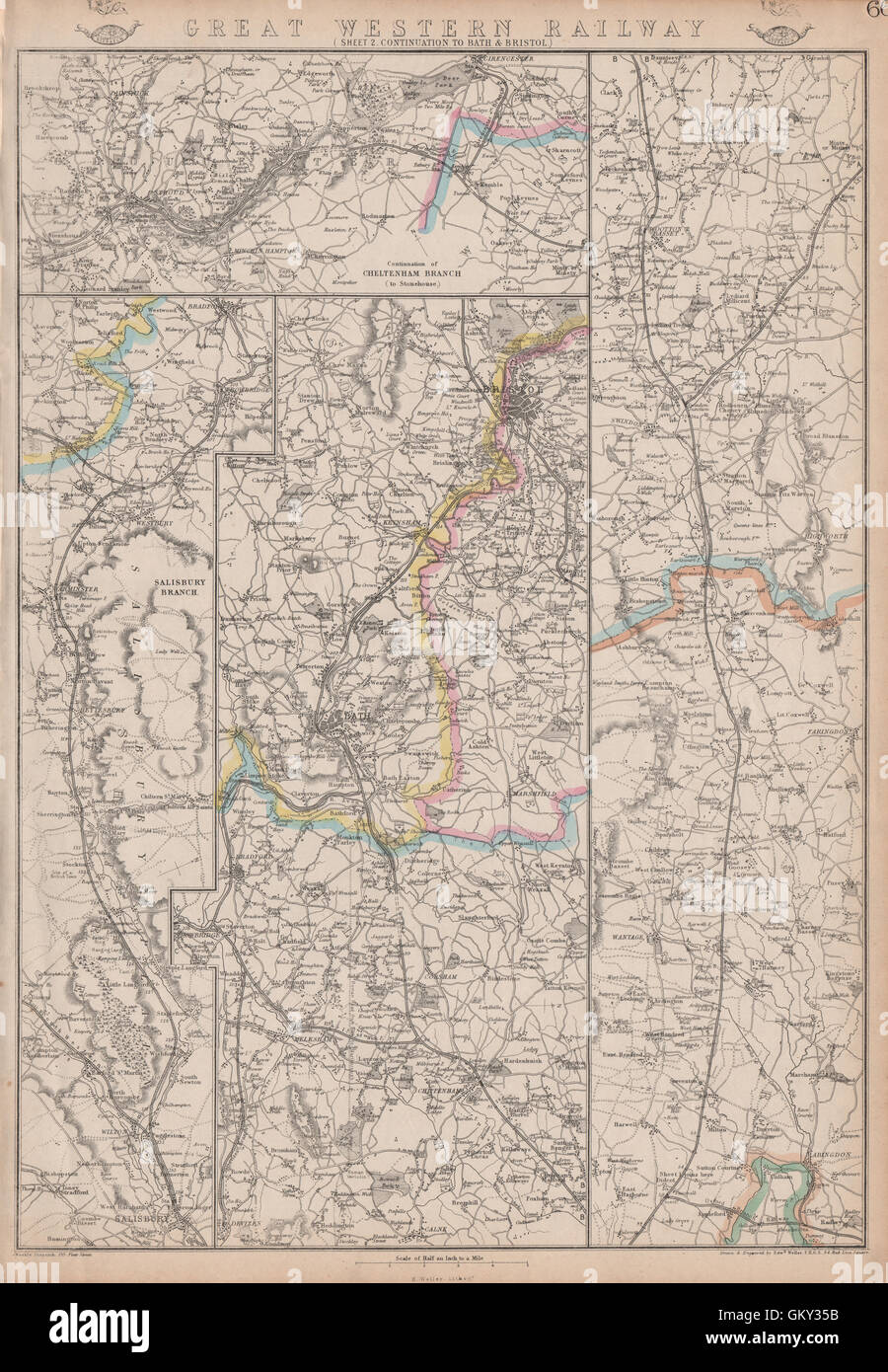 GREAT WESTERN RAILWAY 2. Didcot to Bath, Bristol & Cheltenham. WELLER, 1863 map Stock Photo