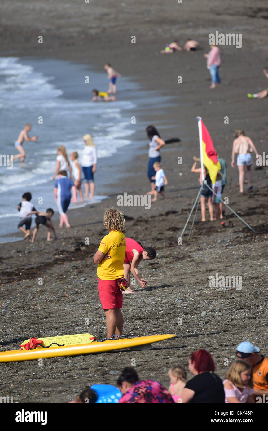 Aberystwyth, Wales, UK. 23rd Aug, 2016. UK weather: PA lifeguard keeps a watchfull eye as people enjoy paddling and swiming in the sea on a warm sunny day at the seaside in Aberystwyth Wales. The Met Office is warning of a mini heatwave in the south east of the UK, with temperatures expected to reach the low 30's centigrade Credit:  keith morris/Alamy Live News Stock Photo