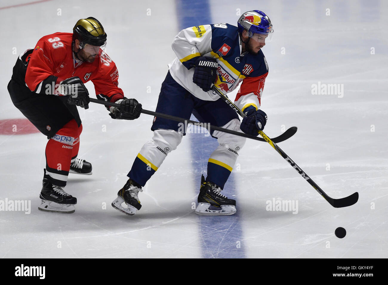 Znojmo, Czech Republic. 23rd Aug, 2016. From left: Peter Pucher of Znojmo  and Florian Kettemer of Munich in action during the Orli Znojmo vs EHC Red  Bull Munchen Champions Hockey League F