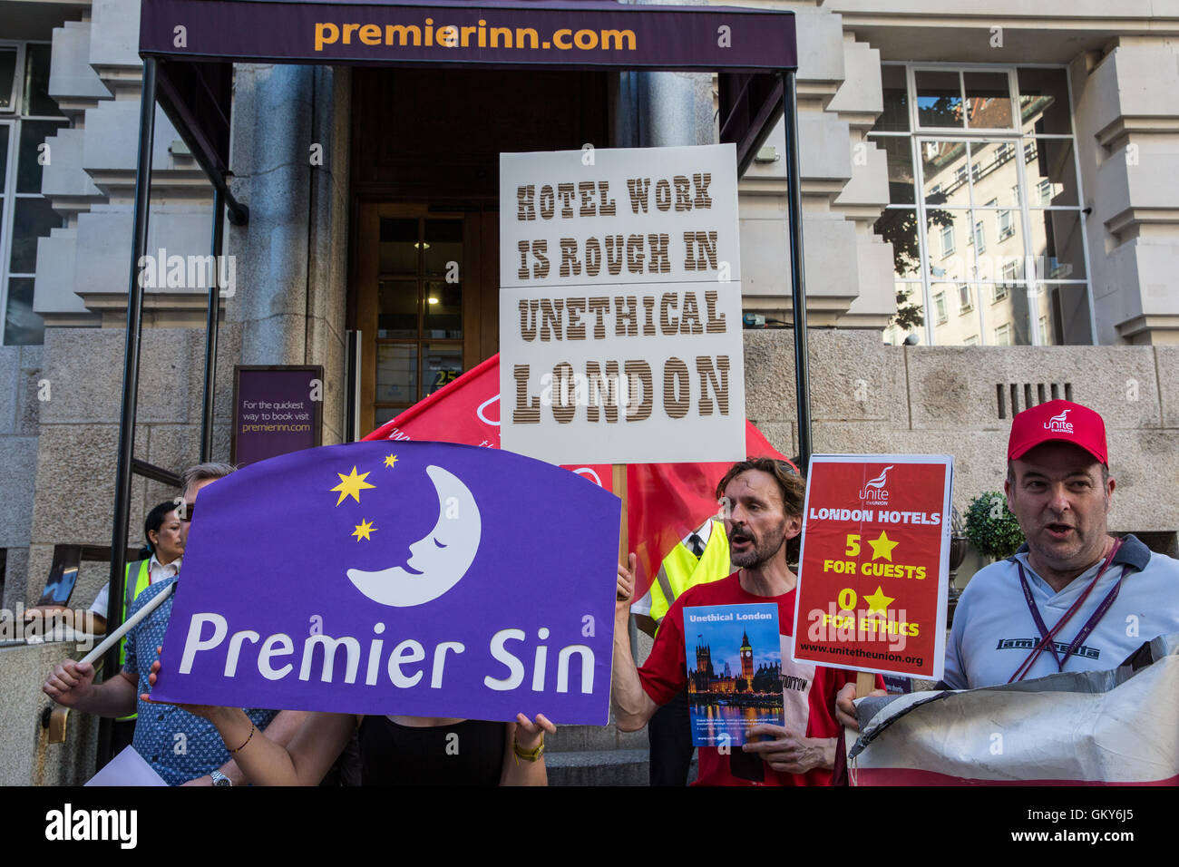 London, UK. 23rd August, 2016. Members and supporters of the Unite Hotel Workers Branch launch the Unethical London report, which details the manner in which workers at leading London hotels are denied access to the basic human rights of freedom of association and collective bargaining, at a protest outside the Premier Inn at County Hall. Two-thirds of hospitality workers earn less than the London Living Wage. Credit:  Mark Kerrison/Alamy Live News Stock Photo