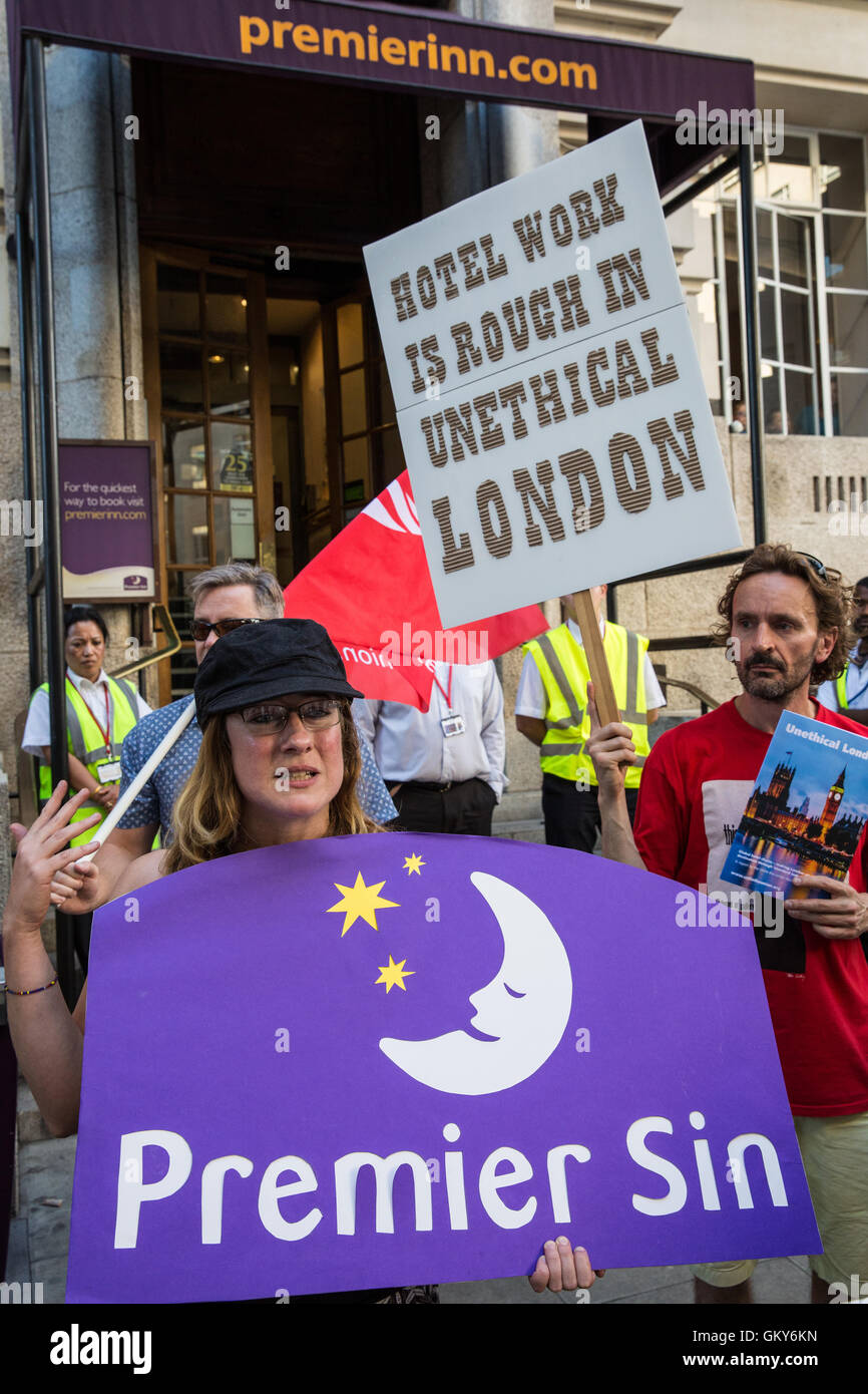 London, UK. 23rd August, 2016. Members and supporters of the Unite Hotel Workers Branch launch the Unethical London report, which details the manner in which workers at leading London hotels are denied access to the basic human rights of freedom of association and collective bargaining, at a protest outside the Premier Inn at County Hall. Two-thirds of hospitality workers earn less than the London Living Wage. Credit:  Mark Kerrison/Alamy Live News Stock Photo