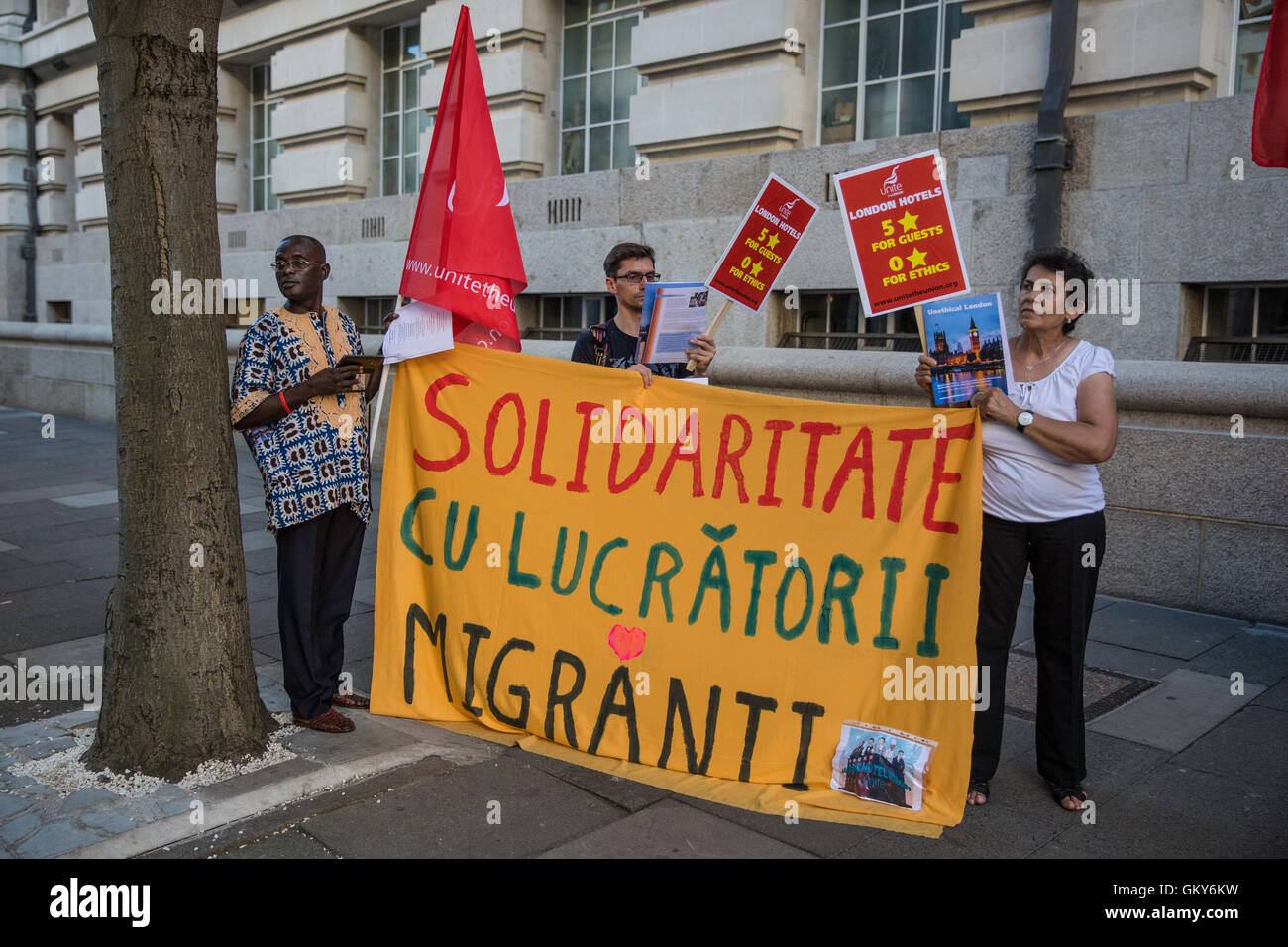 London, UK. 23rd August, 2016. Members of the Unite Hotel Workers Branch launch the Unethical London report, which details the manner in which workers at leading London hotels are denied access to the basic human rights of freedom of association and collective bargaining, at a protest outside the Premier Inn at County Hall. Two-thirds of hospitality workers earn less than the London Living Wage. Credit:  Mark Kerrison/Alamy Live News Stock Photo