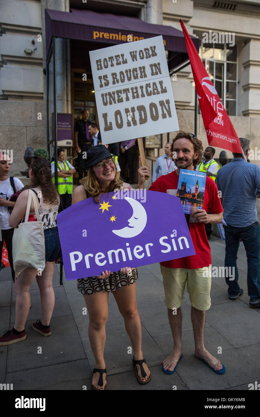 London, UK. 23rd August, 2016. Members and supporters of the Unite Hotel Workers Branch launch the Unethical London report, which details the manner in which workers at leading London hotels are denied access to the basic human rights of freedom of association and collective bargaining, at a protest outside the Premier Inn at County Hall. Two-thirds of hospitality workers earn less than the London Living Wage. Credit:  Mark Kerrison/Alamy Live News Stock Photo