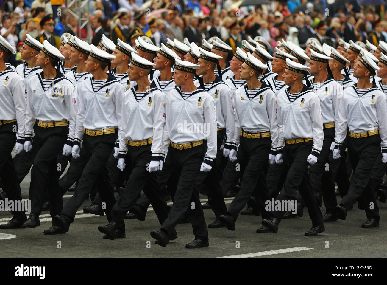 Kiev, Ukraine. 24th August, 2016. Soldiers of the Ukrainian Navy during military parade in Kiev, dedicated to the Independence Day of Ukraine. Ukraine celebrates 25th anniversary of Independence. Credit:  Oleksandr Prykhodko/Alamy Live News Stock Photo