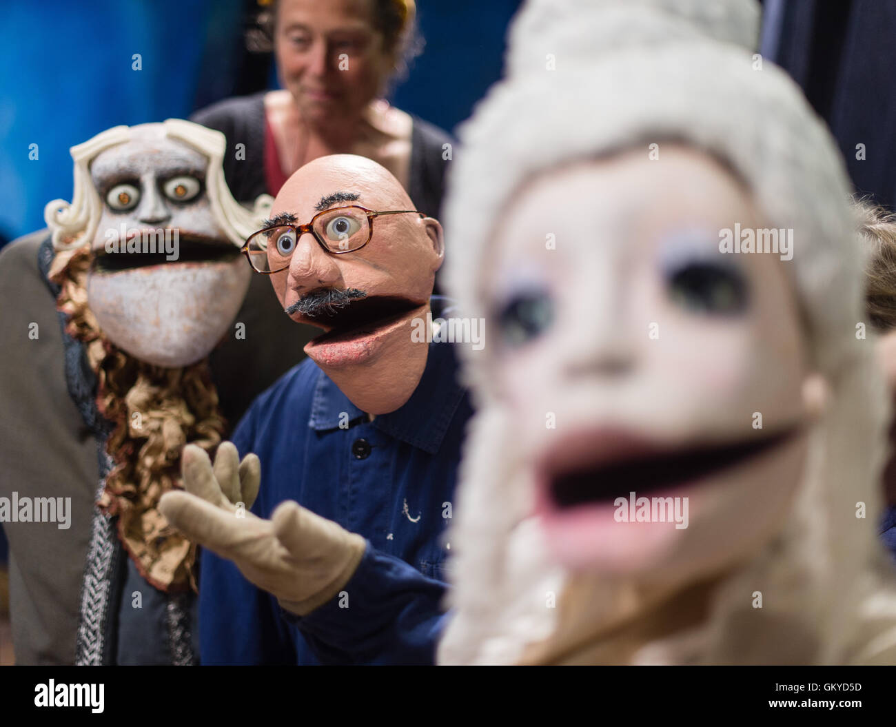 Northeim, Germany. 23rd Aug, 2016. The puppets Herr Heidegger (l-r), animated by Ruth Brockhausen, Herr Kasurke, animated by Heiko Brockhausen, and Mary, animated by Oliver Koehler at the Theatre der Nacht in Northeim, Germany, 23 August 2016. During a conference lasting from 29 August to 4 September 2016, puppeteers meet from all over Germany meet for courses, workshops and theater performances with different puppet types. Photo: Sebastian Gollnow/dpa/Alamy Live News Stock Photo