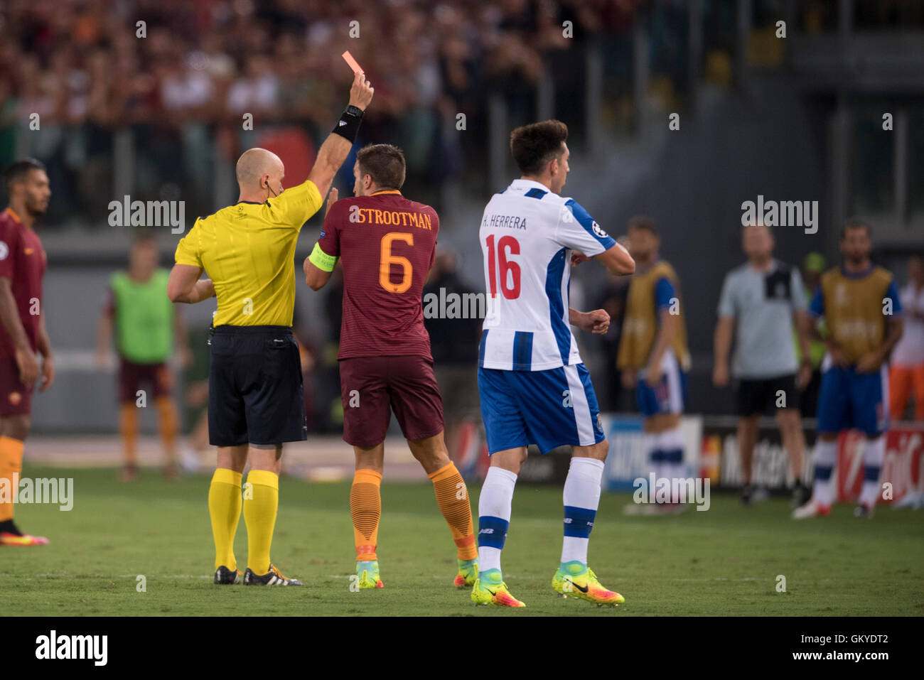 Szymon Marciniak (Referee), AUGUST 23, 2016 - Football / Soccer : Referee Szymon Marciniak shows a red card to Emerson of AS Roma during the UEFA Champions League Play-off 2nd leg match between AC Roma 0-3 FC Porto at Stadio Olimpico in Rome, Italy. (Photo by Maurizio Borsari/AFLO) Stock Photo