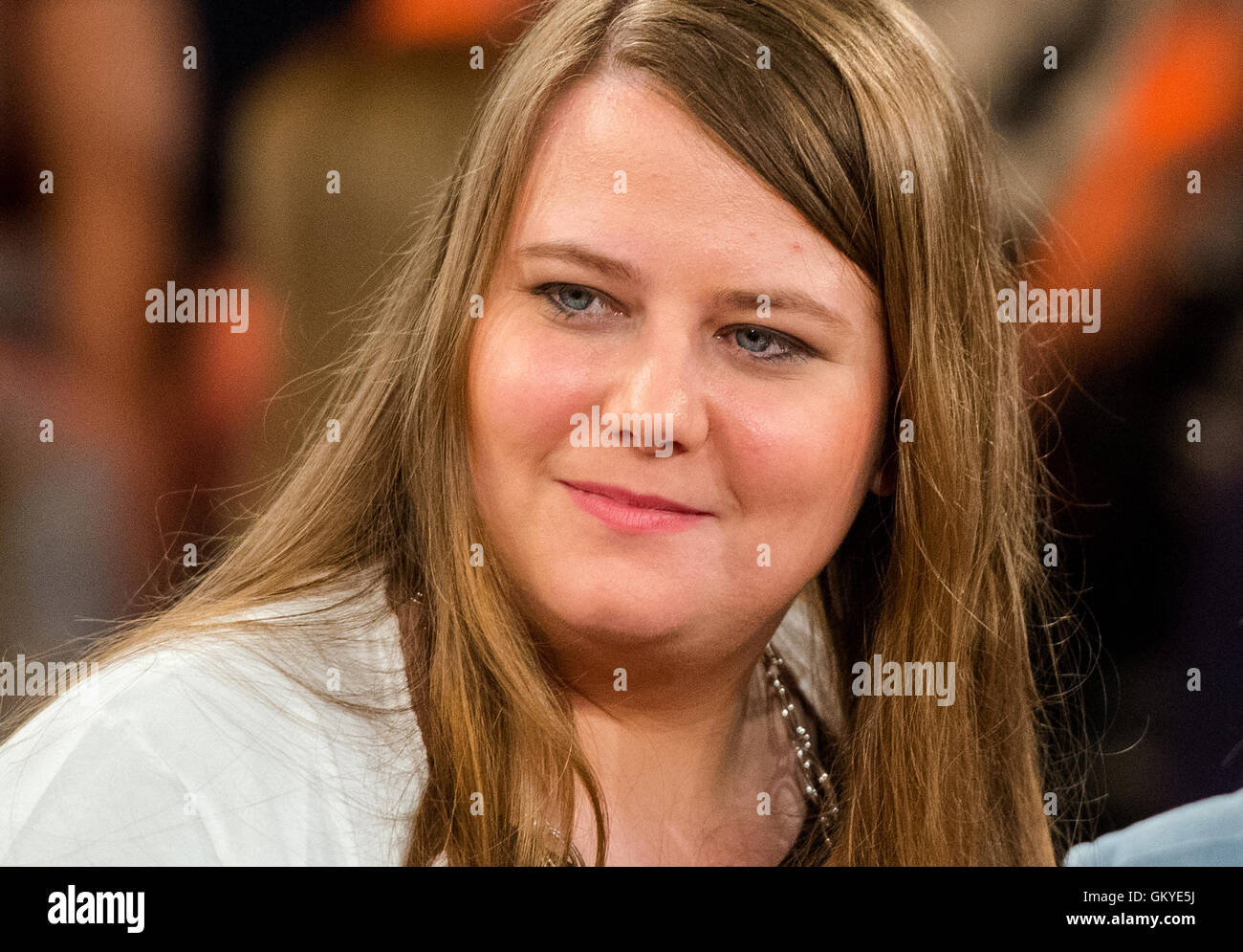 Abduction victim Natascha Kampusch pictured in the studio during the recording of ZDF talk show Markus Lanz, in Hamburg, Germany, 24 August 2016.   Photo: Daniel Bockwoldt/dpa Stock Photo