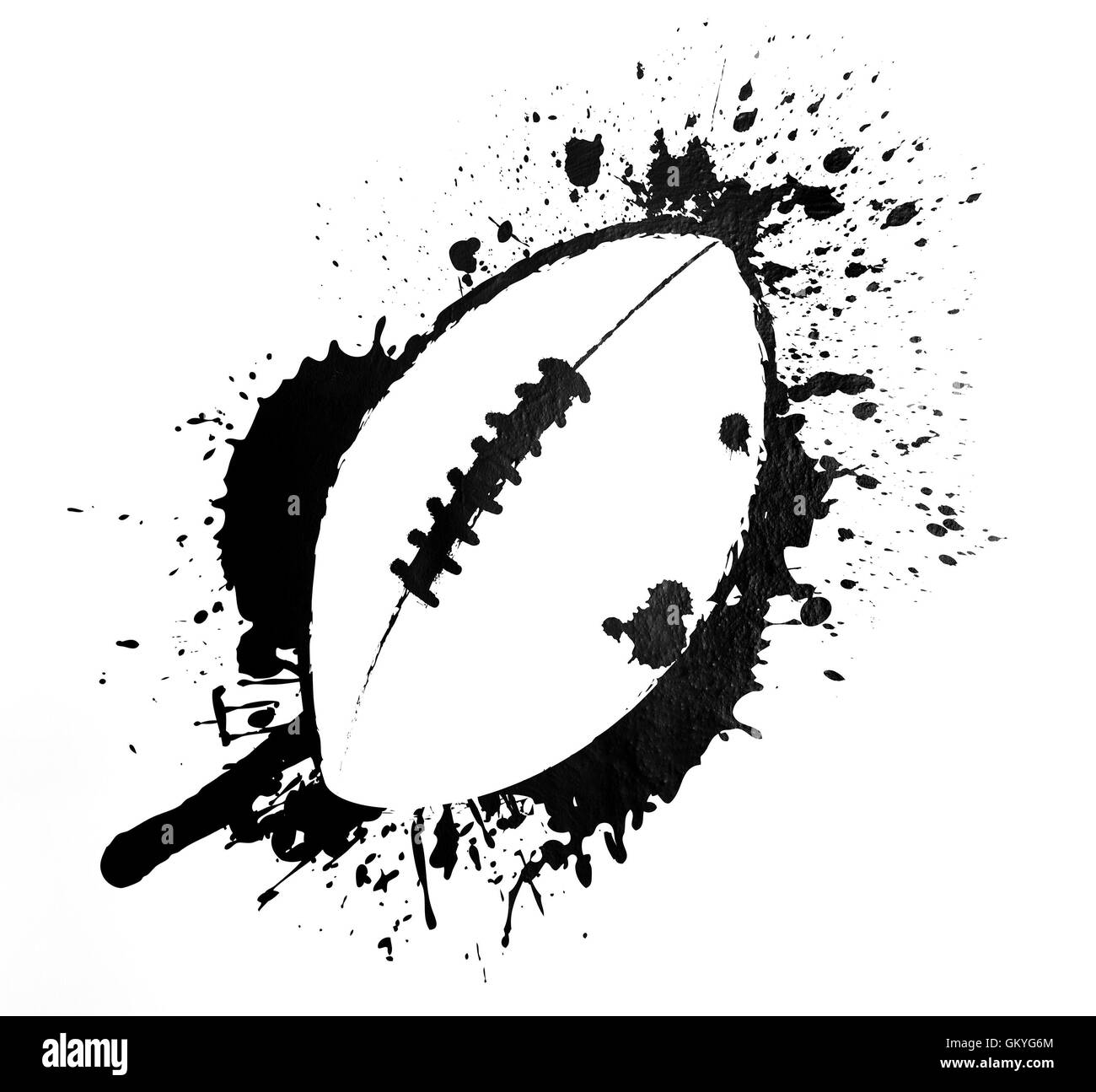 Black and white modern football sign with a doodle sketch ball on a painted splash or splatter effect background Stock Photo