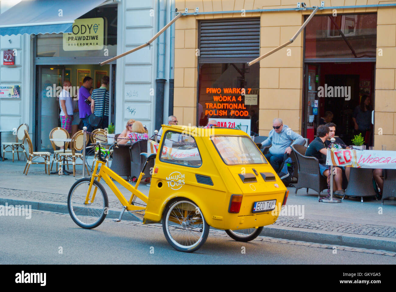 Rickshaw style bicycle taxi, made from Polski Fiat, the Polish Fiat, Nowy Swiat, Warsaw, Poland Stock Photo