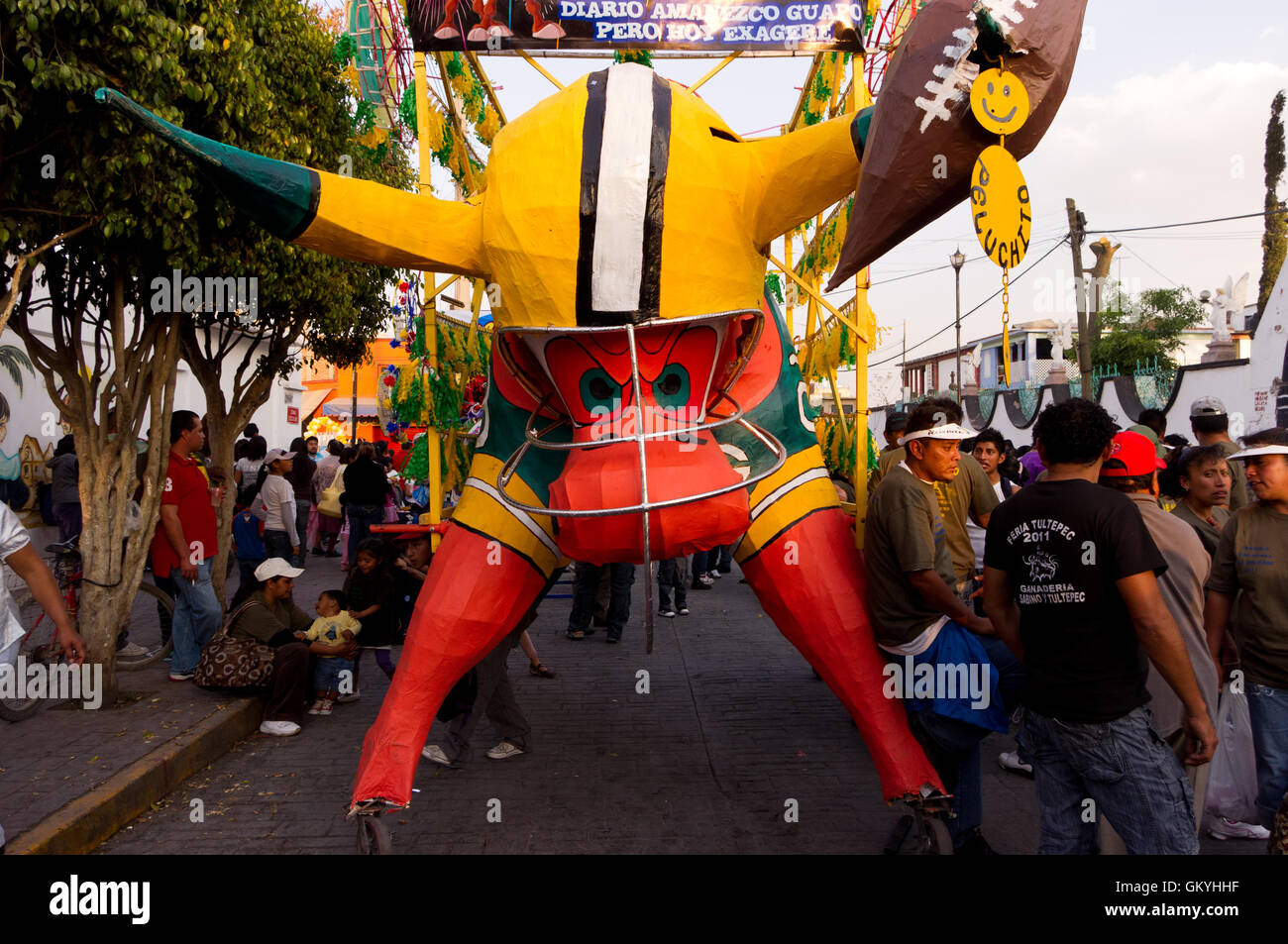 Giant cardboard bull (torito) with fireworks parading during the National Pyrotechnic Festival in Tultepec, Mexico Stock Photo