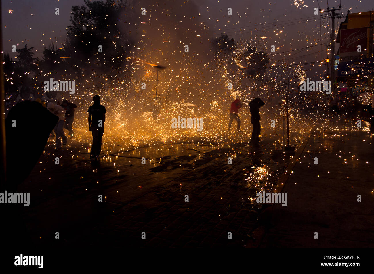 Burning (quema) of pyrotechnic bulls (toritos) during the National Pyrotechnic Festival in Tultepec, Mexico Stock Photo