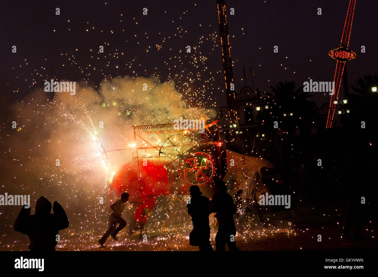 Burning (quema) of pyrotechnic bulls (toritos) during the National