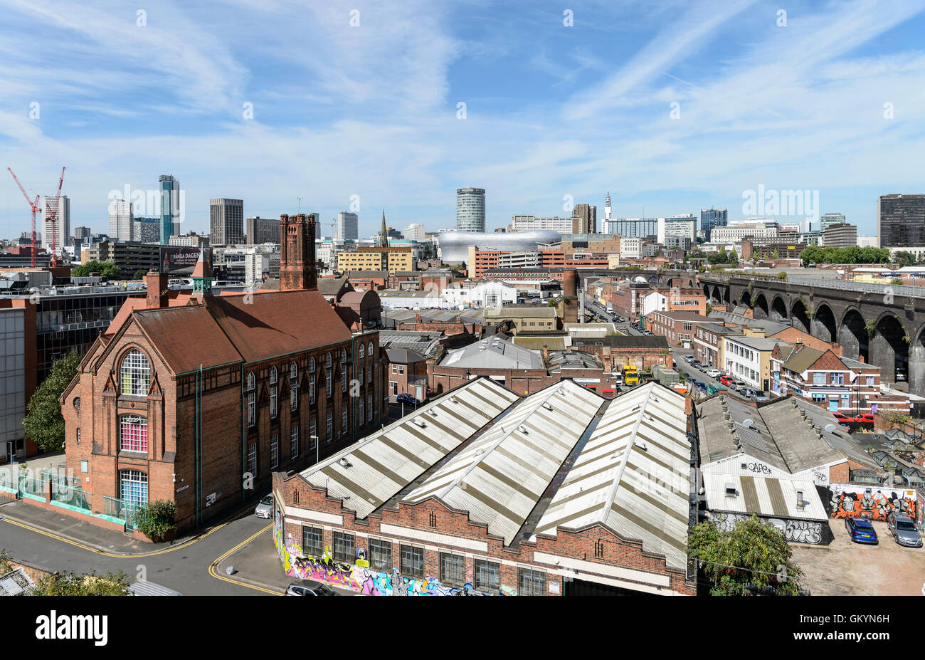 View towards Birmingham City centre (including the Bullring, the Rotunda) and the Telecom Tower) from the Digbeth area of the City. Stock Photo