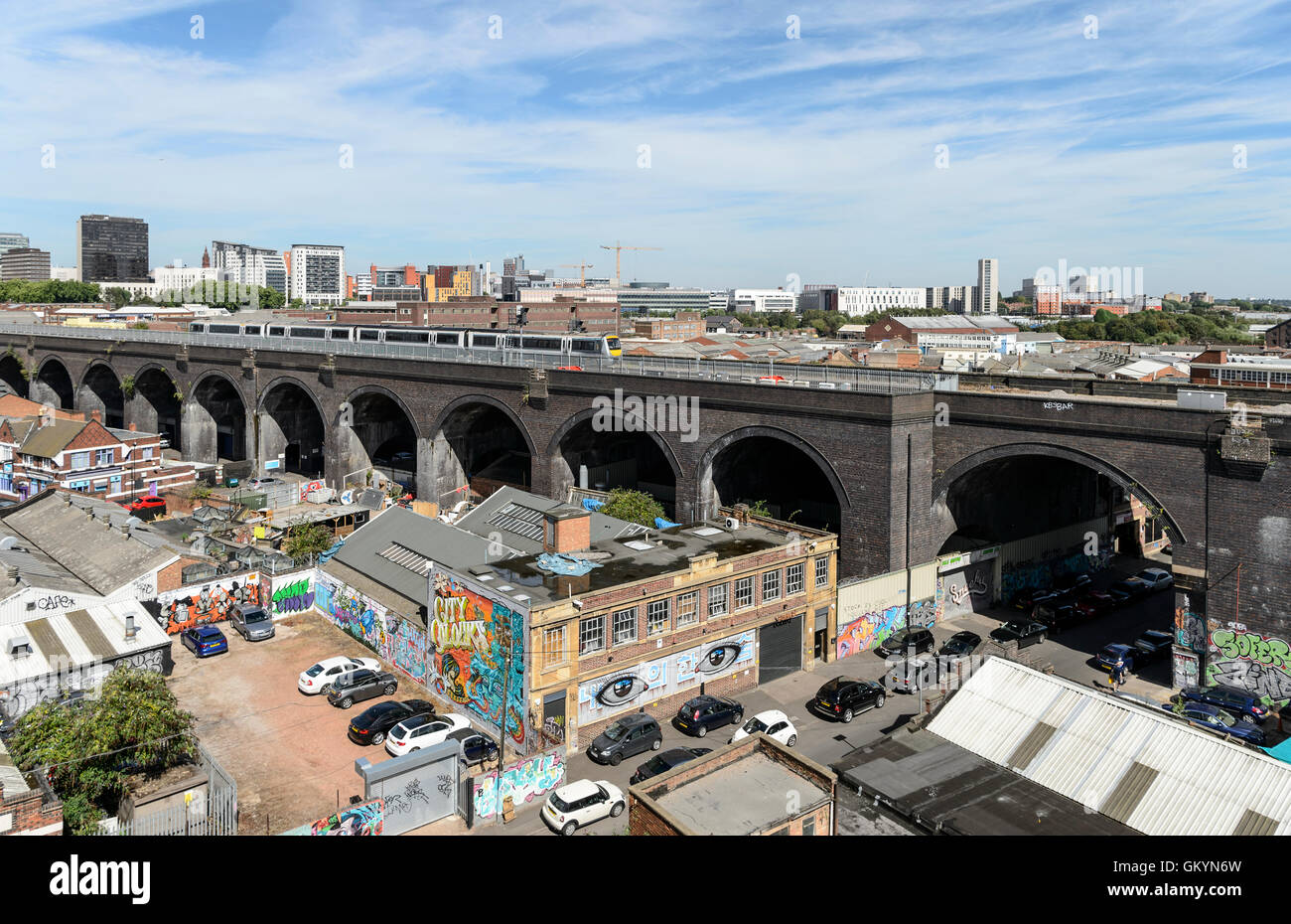A view from Digbeth towards East Side area of Birmingham, Millennium Point & the railway line(Duddeston Viaduct) heading into Moor Street Station. Stock Photo