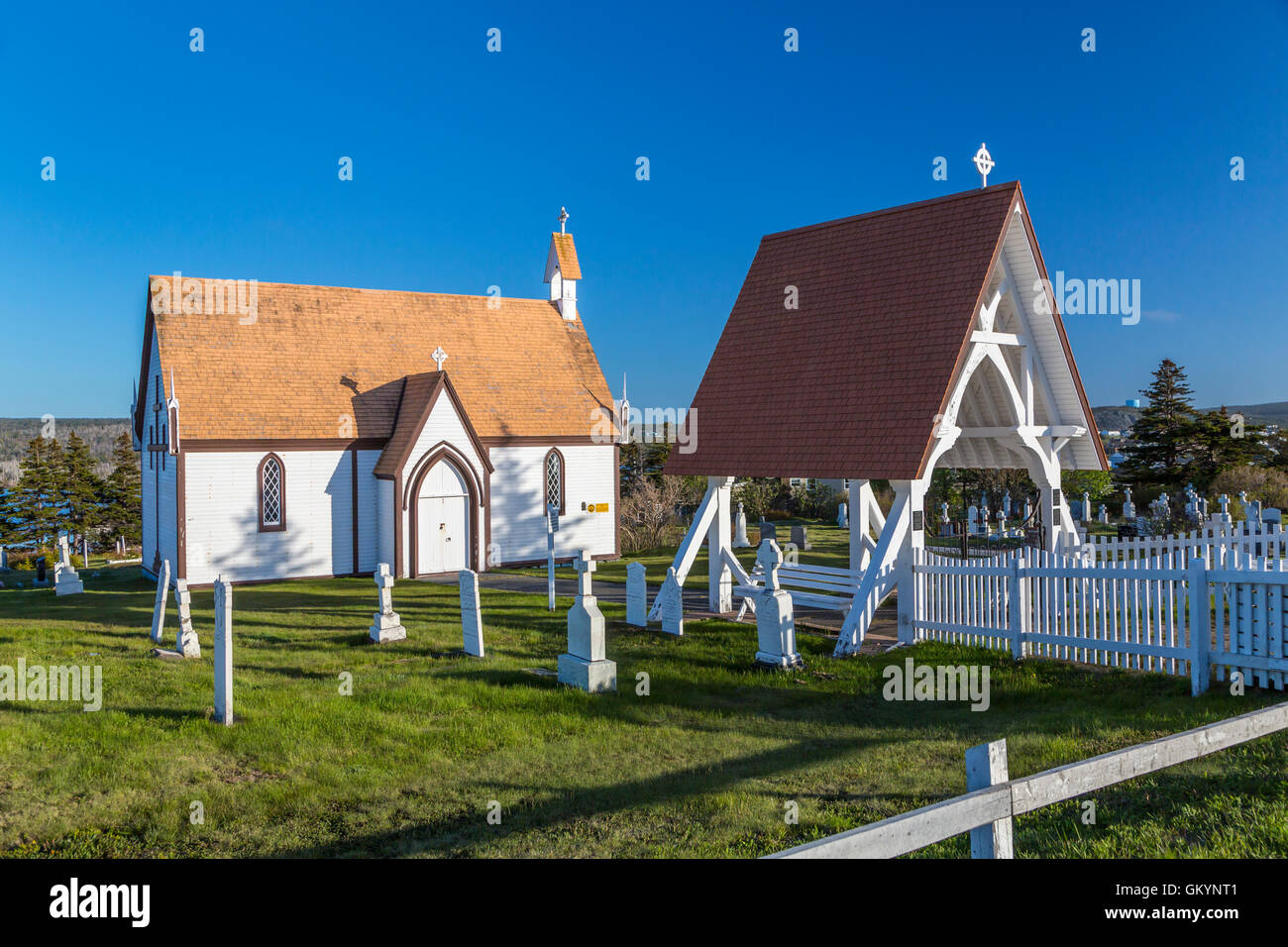 A cemetery and Mortuary Chapel in Bonavista, Newfoundland and Labrador, Canada. Stock Photo