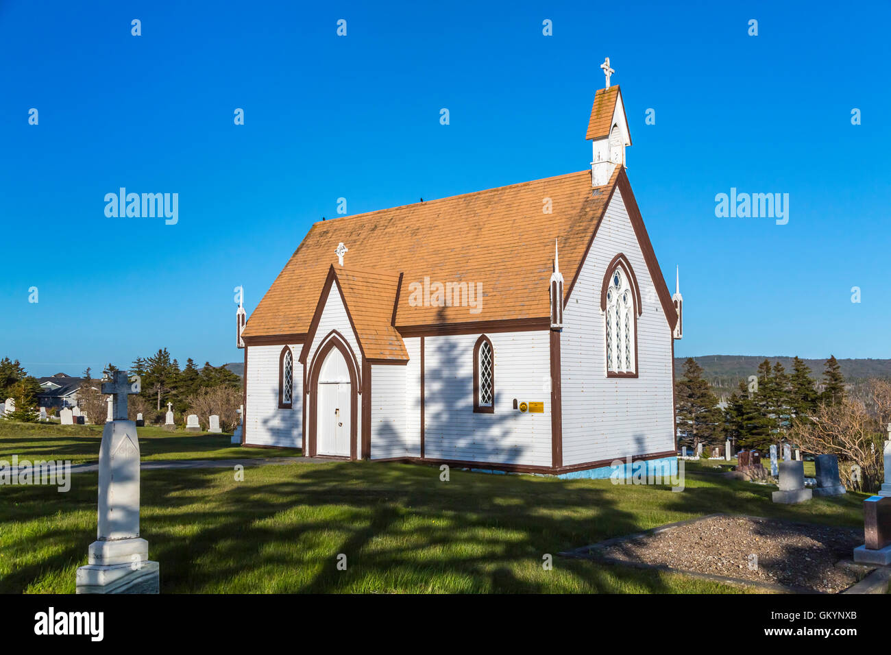 A cemetery and Mortuary Chapel in Bonavista, Newfoundland and Labrador, Canada. Stock Photo