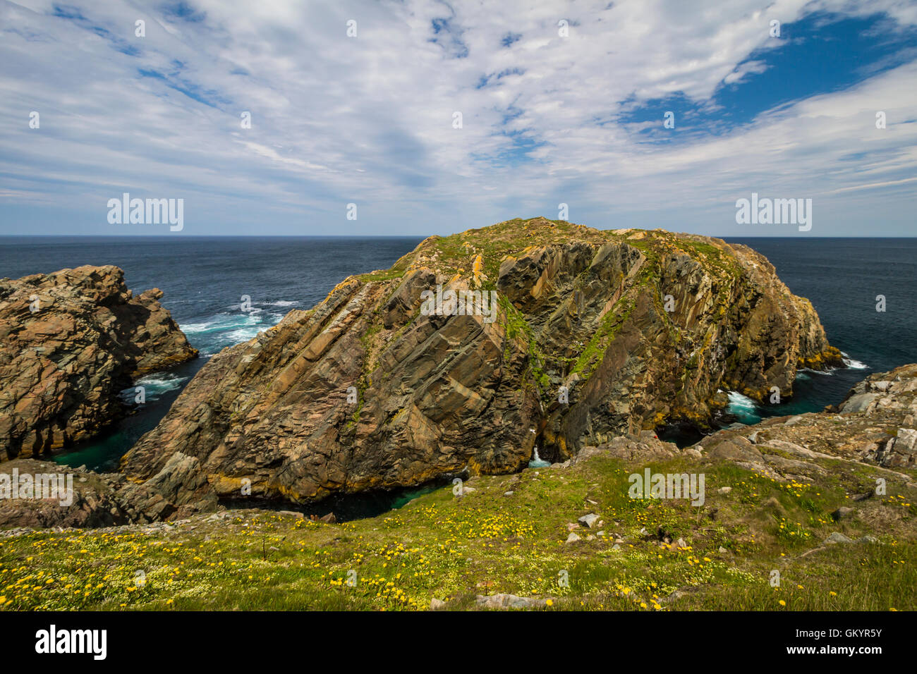 Bird rock and the rugged coastline of Cape Bonavista, Newfoundland and Labrador, Canada. Stock Photo