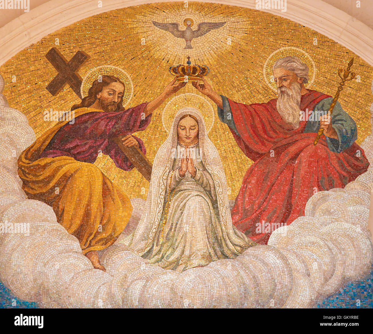 Painting of the Coronation of Mother Mary by the Holy Trinity at the Sanctuary of Fatima in Portugal Stock Photo
