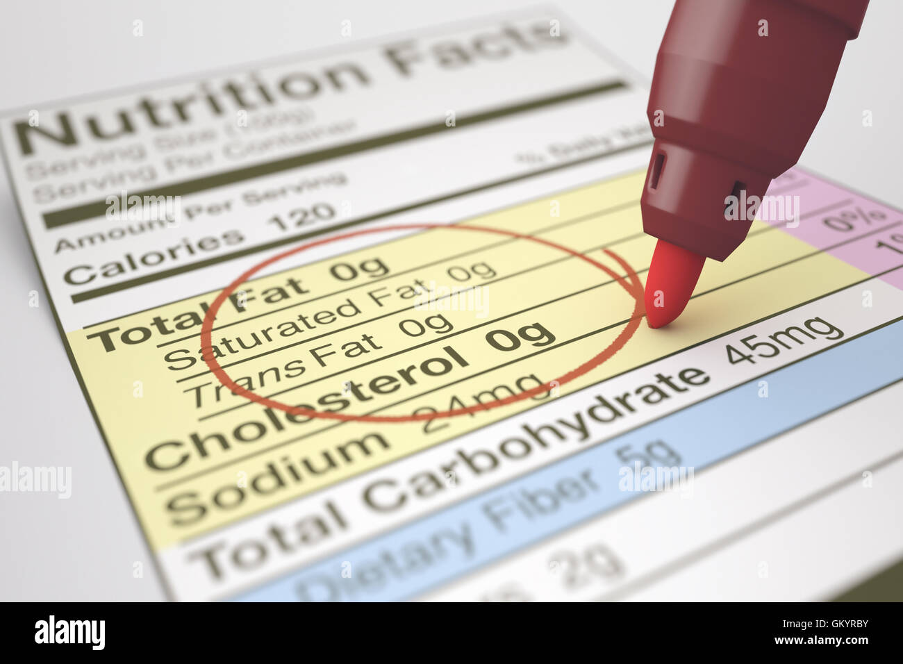 Nutrition facts with zero values of fat, marked with a red pen. Stock Photo