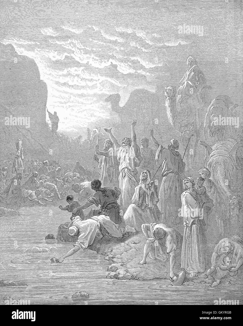 Engraving of Moses Striking the Rock in Horeb by Gustave Doré Stock Photo