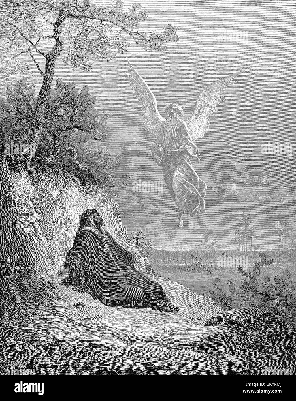 Engraving of Elijah Nourished by an Angel by Gustave Doré Stock Photo