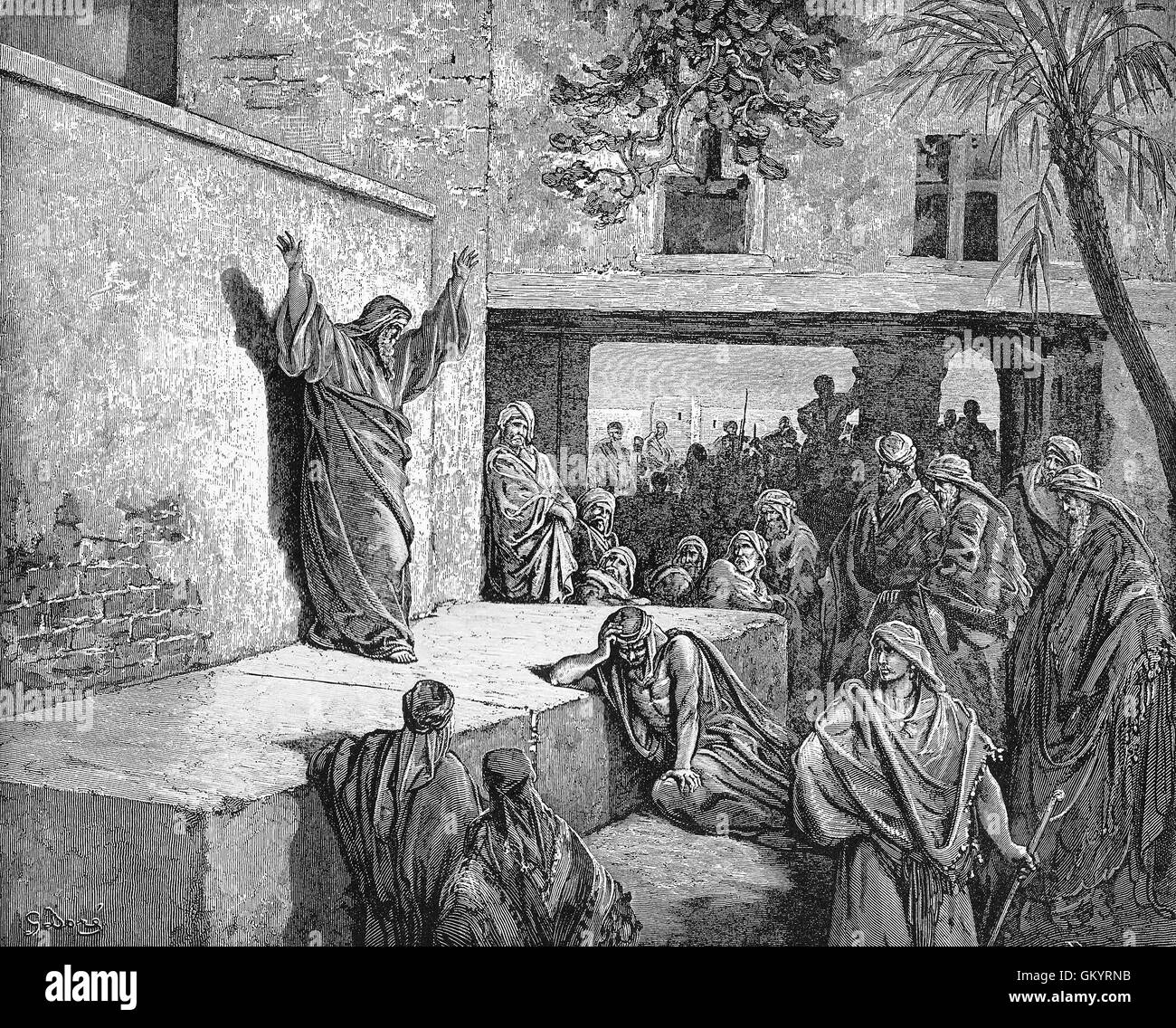 Engraving of Micah Exhorting the Israelites to Repentance by Gustave Doré Stock Photo