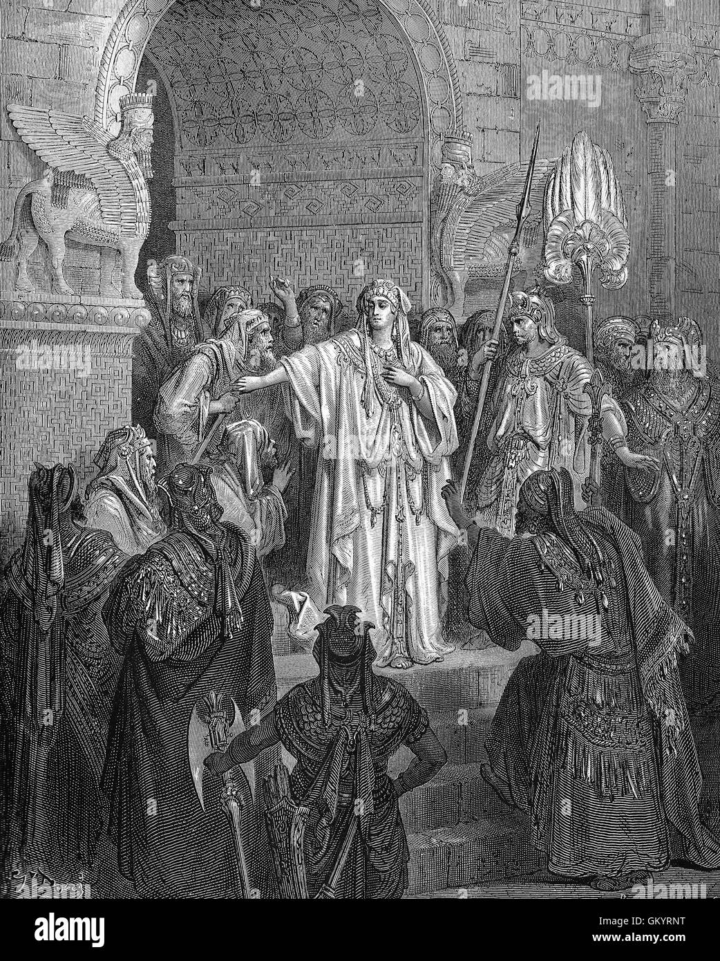 Engraving of The Queen Vashti Refusing to Obey The Command of Ahasuerus by Gustave Doré Stock Photo