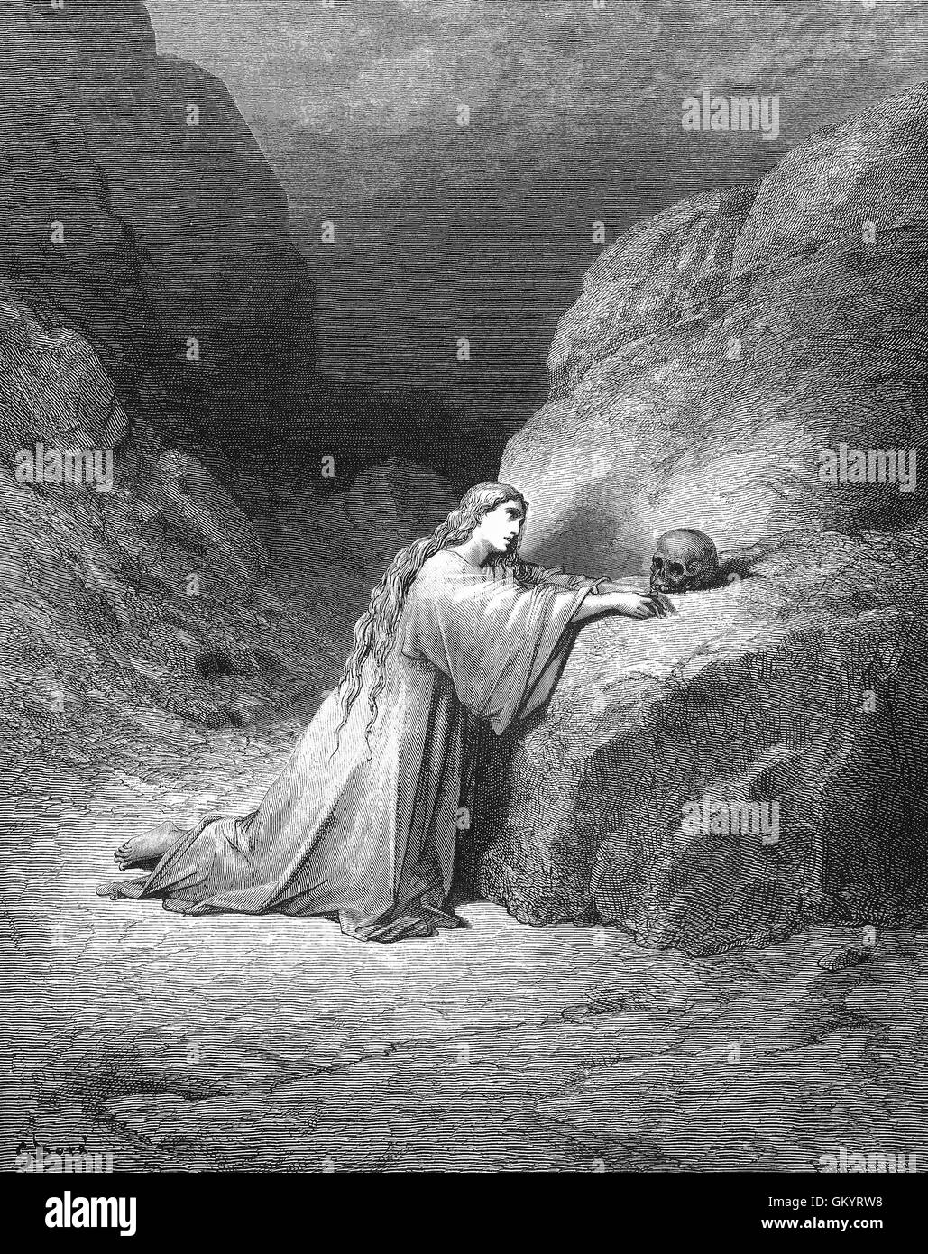 Engraving of Mary Magdalene Repentant by Gustave Doré Stock Photo