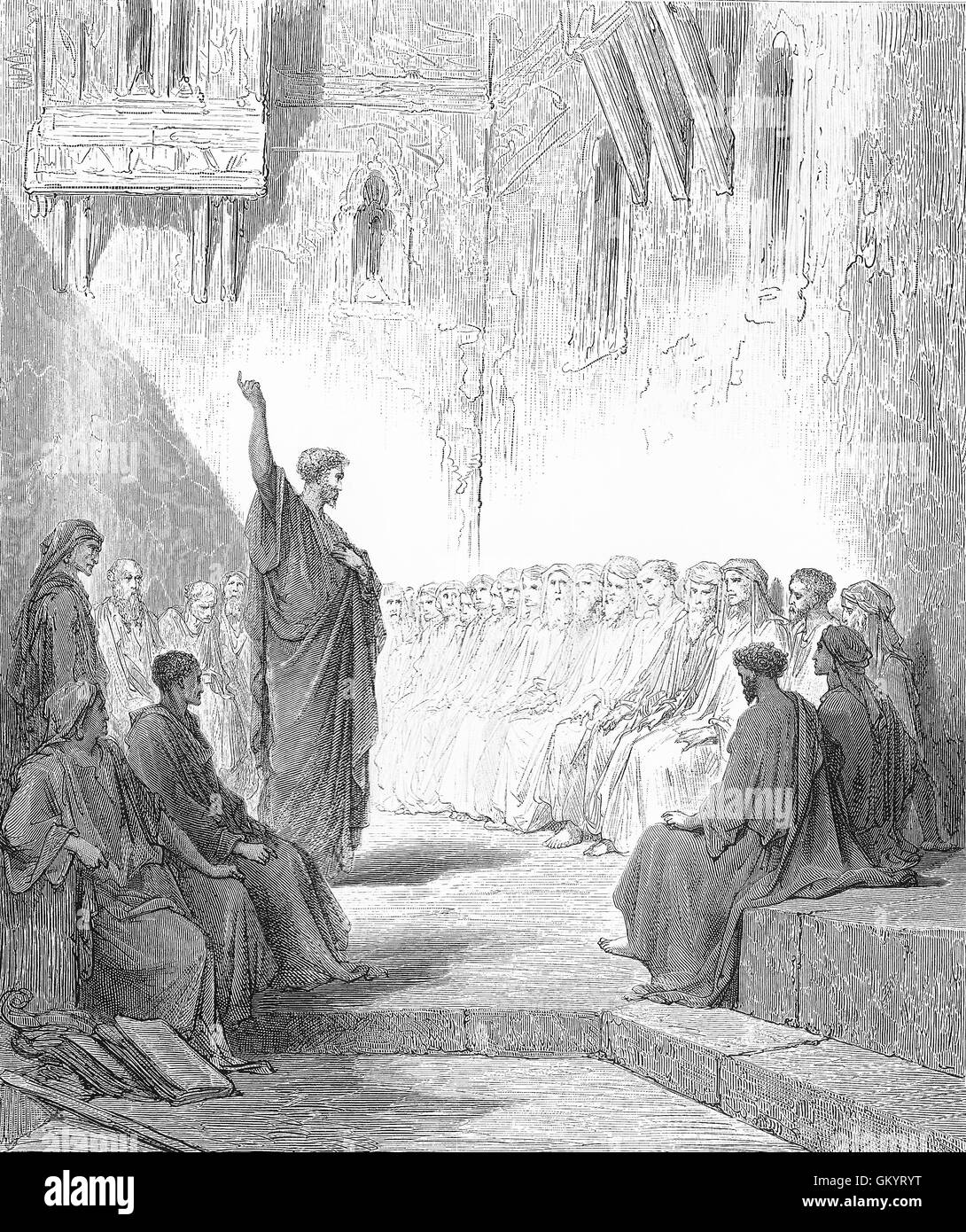 Engraving of Saint Paul Preaching to the Thessalonians by Gustave Doré Stock Photo
