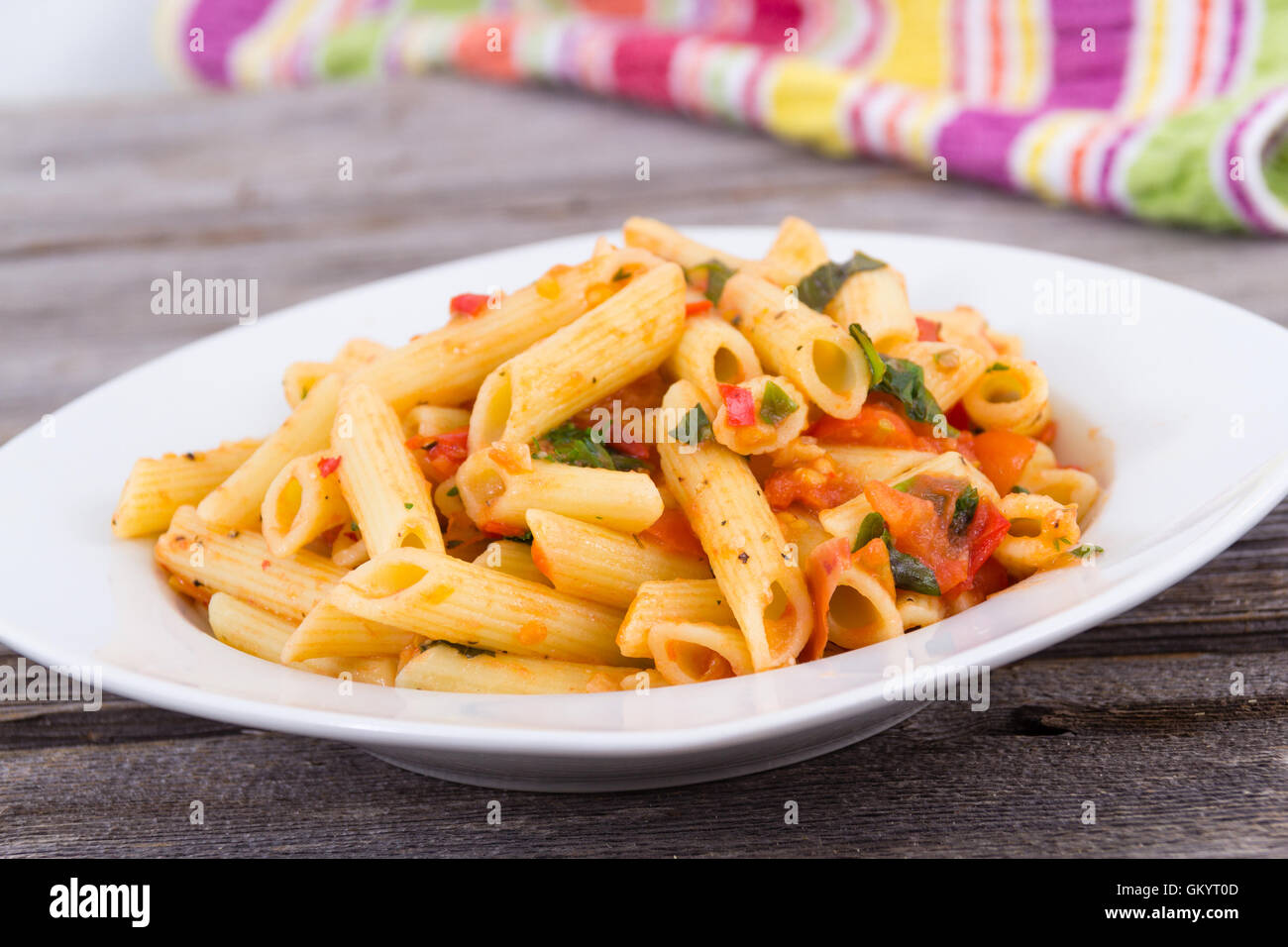 fresh tomato and basil pasta penne Stock Photo
