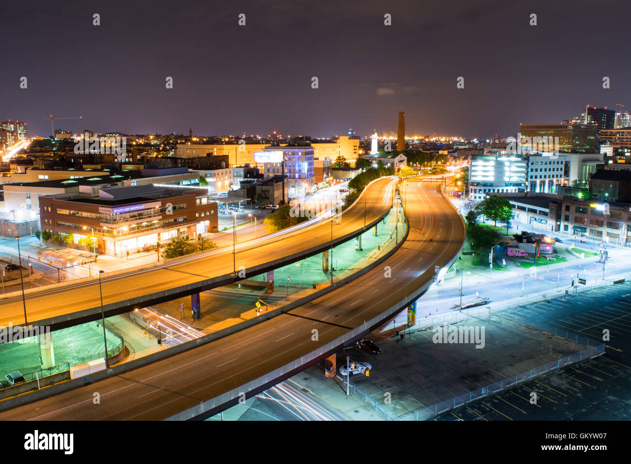 Long Exposure of Highways at Night Time in Baltimore, Maryland Stock Photo
