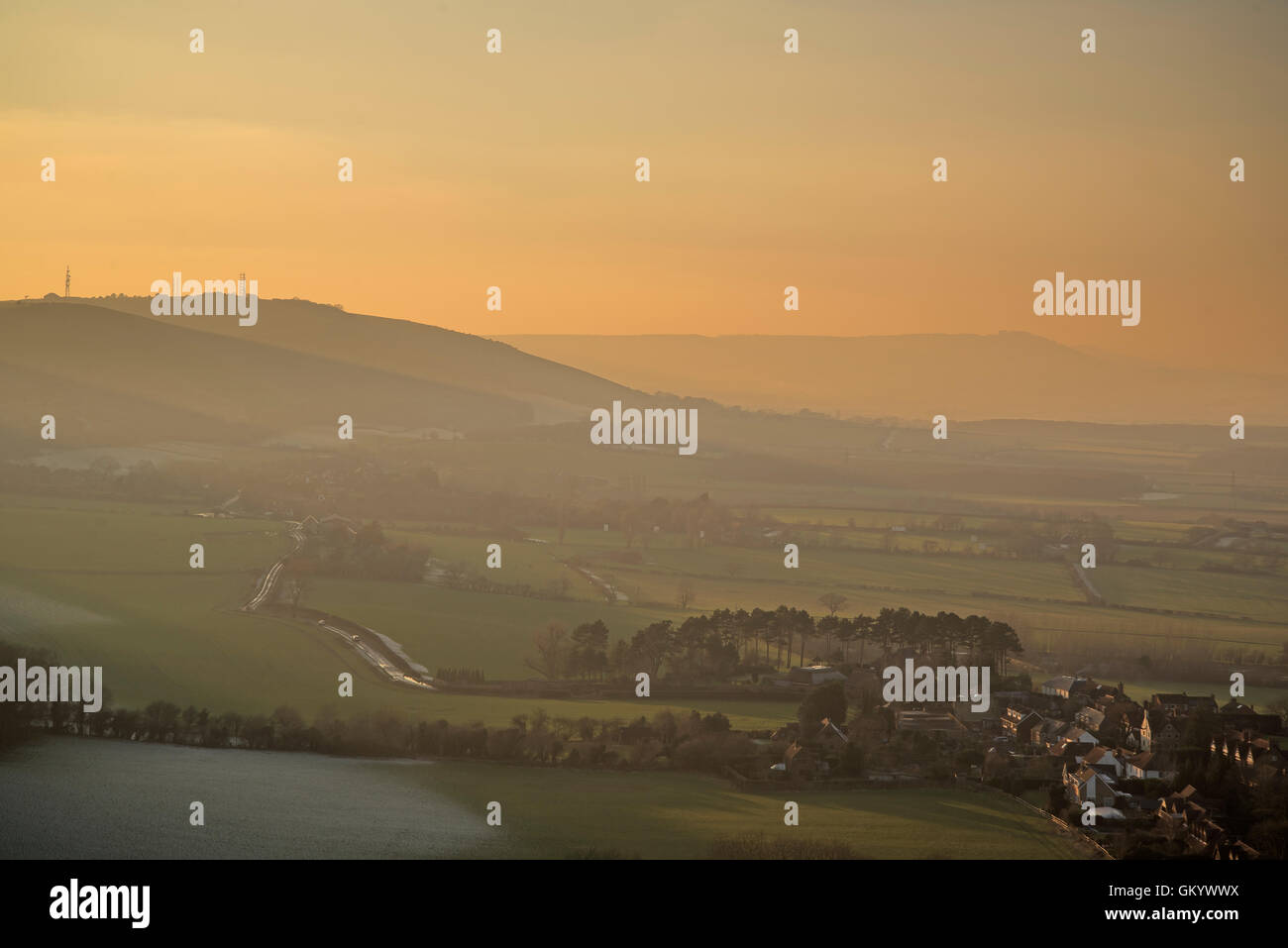 Pale winter sunlight on Poynings Stock Photo