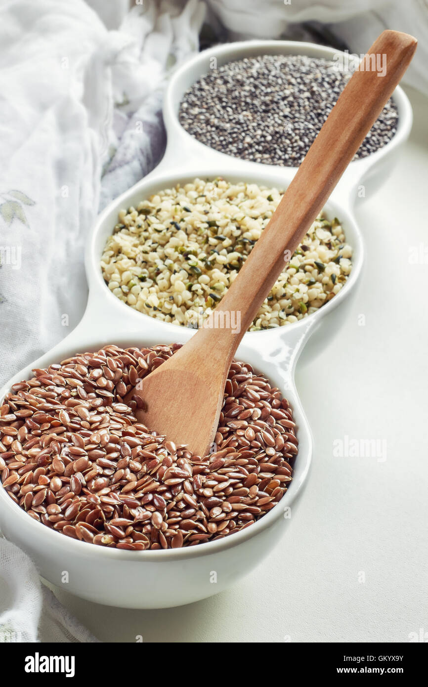 Flax, hemp and chia seeds in bowl on white background. Vegan sources of Omega3 Stock Photo Alamy