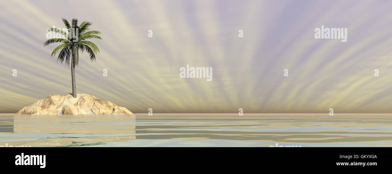 Palm tree on an island in the middle of the ocean by sunset - 3D render ...