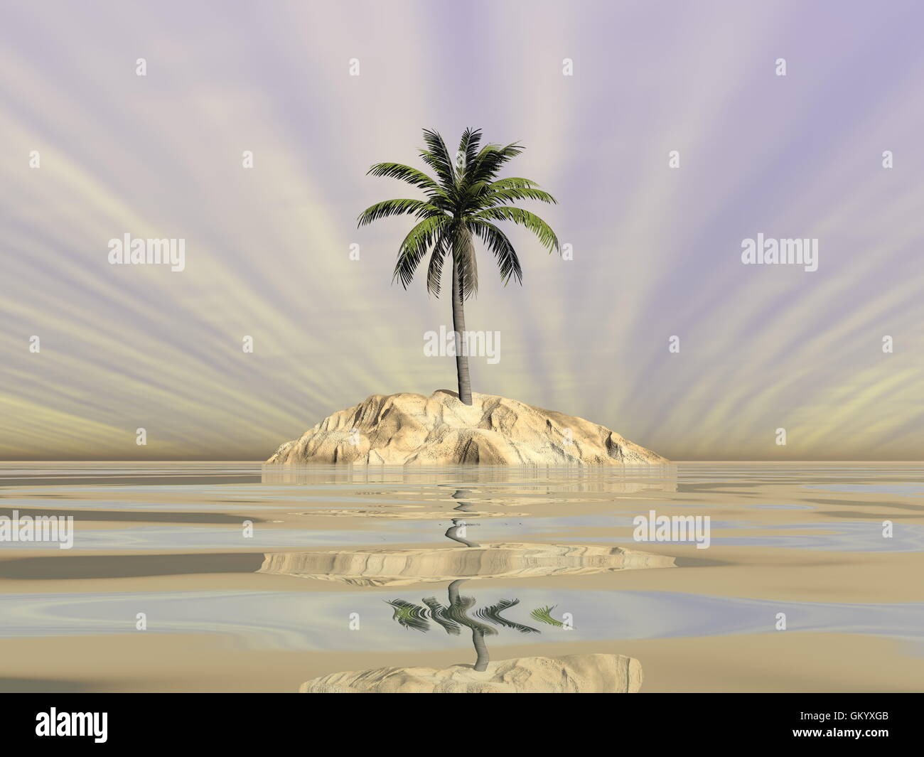 Palm tree on an island in the middle of the ocean by sunset - 3D render ...